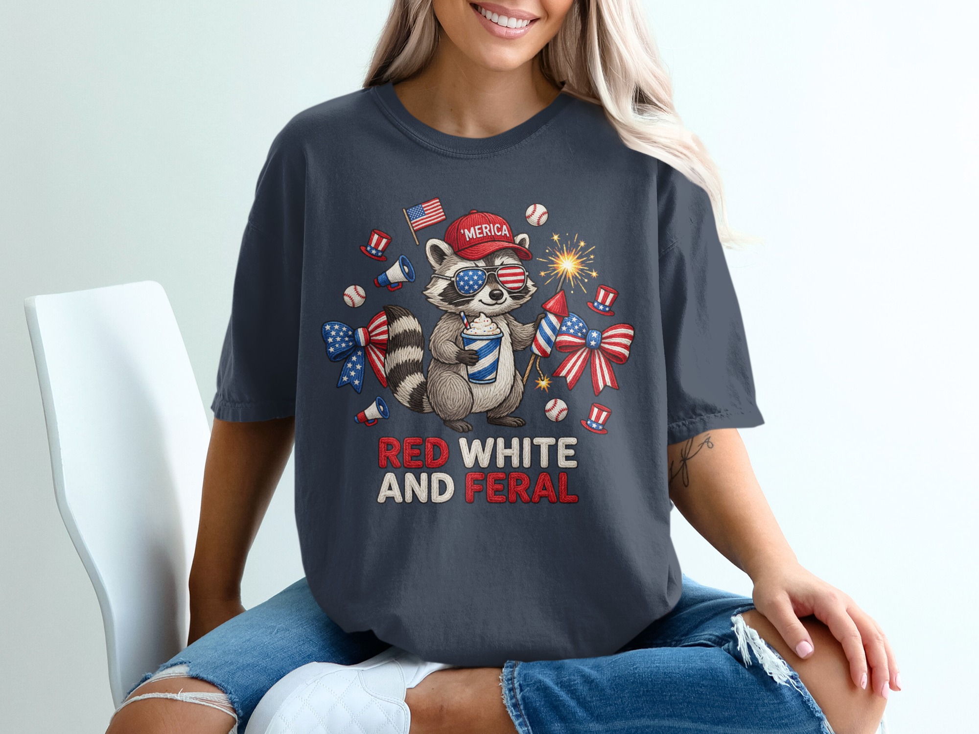 Red White and Feral Raccoon T-Shirt, Funny 4th of July Patriotic America Tee, Independence Day Party Animal Lover Gift - Image 12