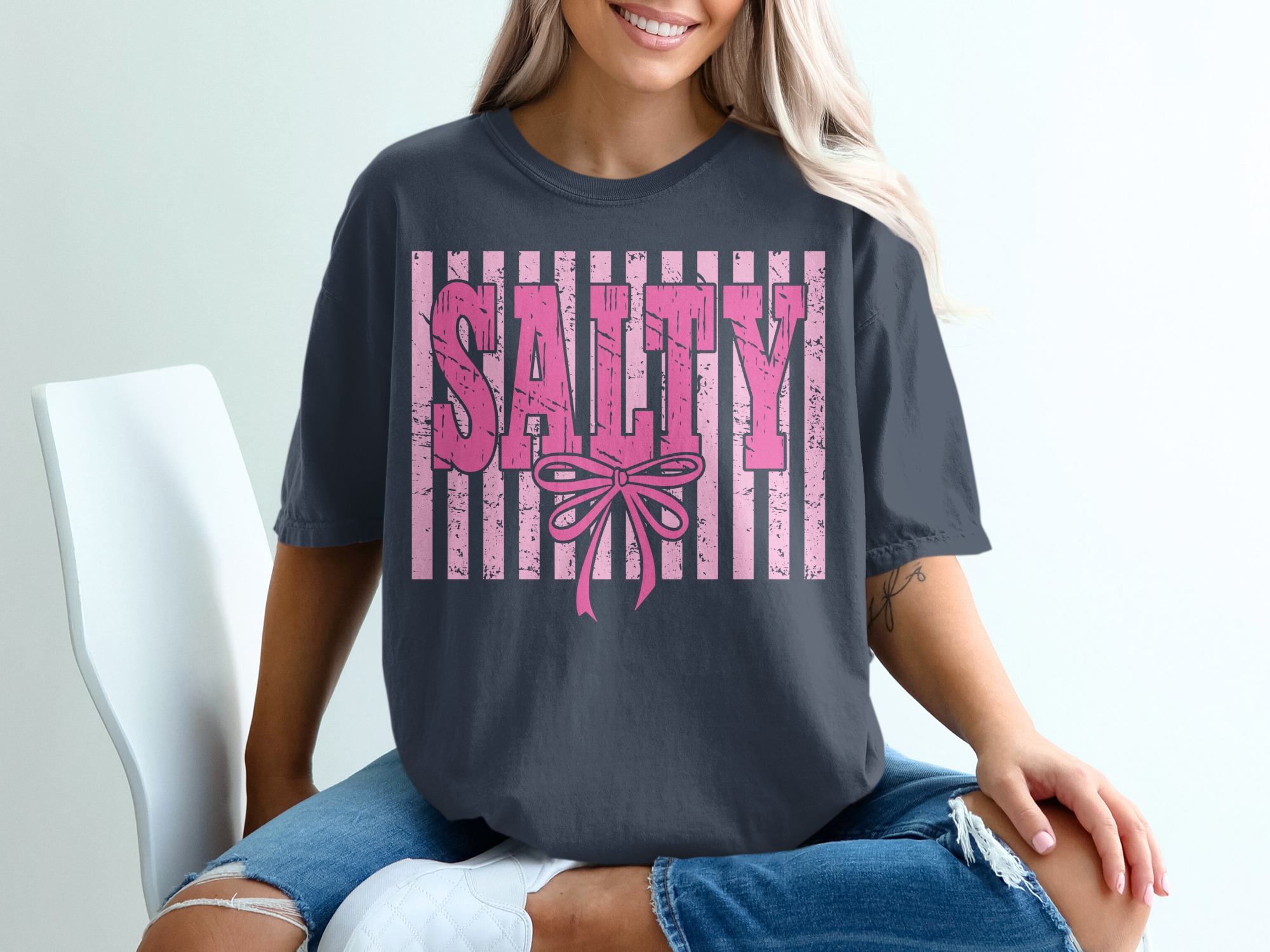 Salty T-Shirt, Pink Salty Tee with Faux Distressed Bow, Sassy Girly Graphic Top, Coquette Aesthetic Shirt, Cute Humorous Gift for Her - Image 12