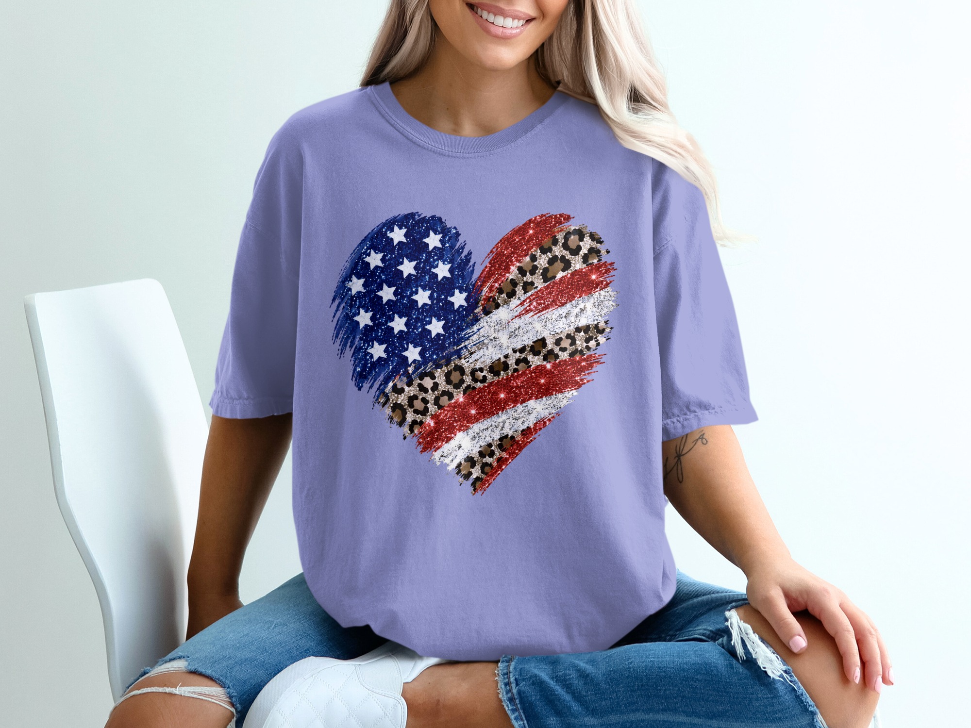 Comfort Colors® Patriotic Leopard Heart T-Shirt, American Flag Glitter Tee, 4th of July Shirt, Memorial Day, USA Pride, Trendy Gift for Her - Image 18