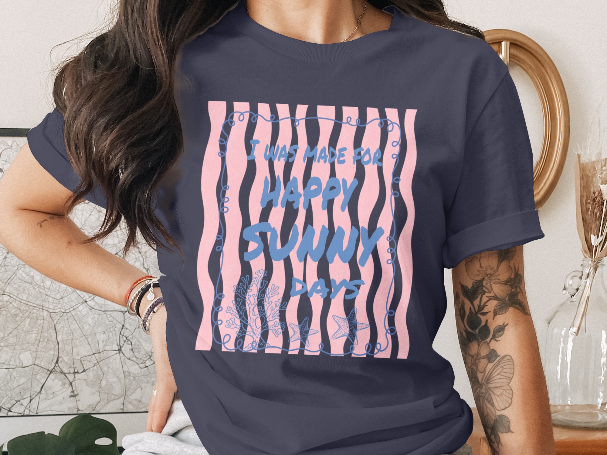 Happy Sunny Days Beachy T-Shirt, Coastal Summer Vacation Tee, Starfish Coral Ocean Lover Graphic Shirt, Women's Fun Gift - Image 2