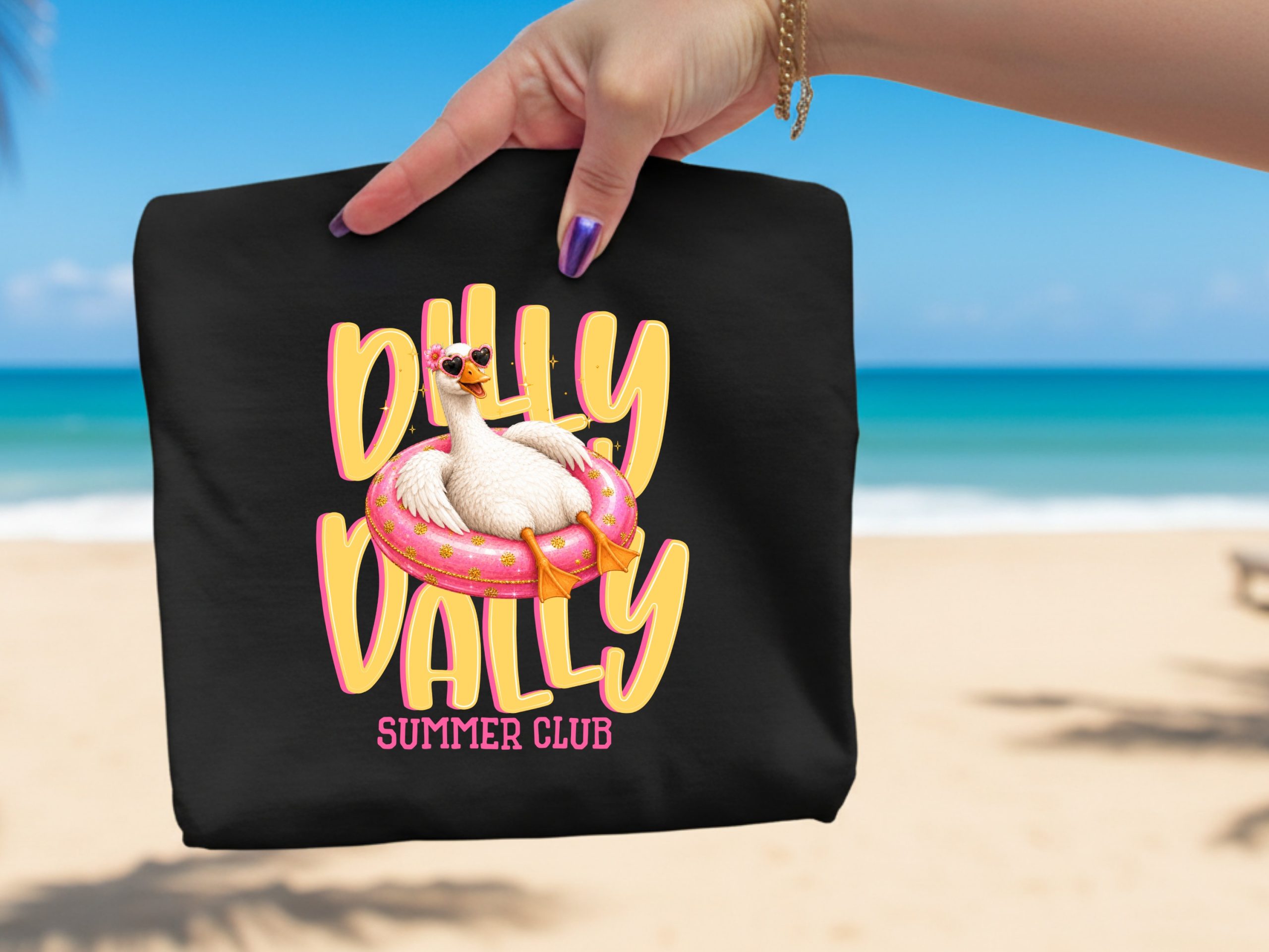 Dilly Dally Summer Club T-Shirt, Retro Goose with Pink Heart Sunglasses Tee, Funny Vacation Bird Graphic Tee, Cute Summer Apparel Gift - Image 2