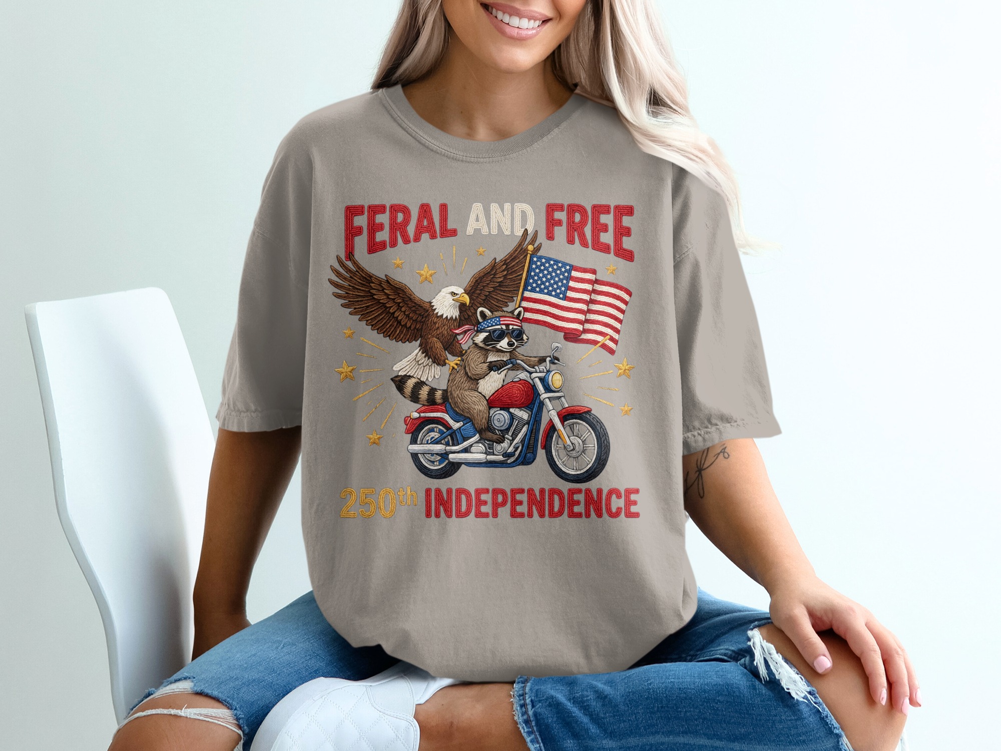 Feral and Free 250th Independence Day T-Shirt, Patriotic Raccoon Eagle Motorcycle Tee, American Flag Biker Freedom Shirt, July 4th Gift - Image 11