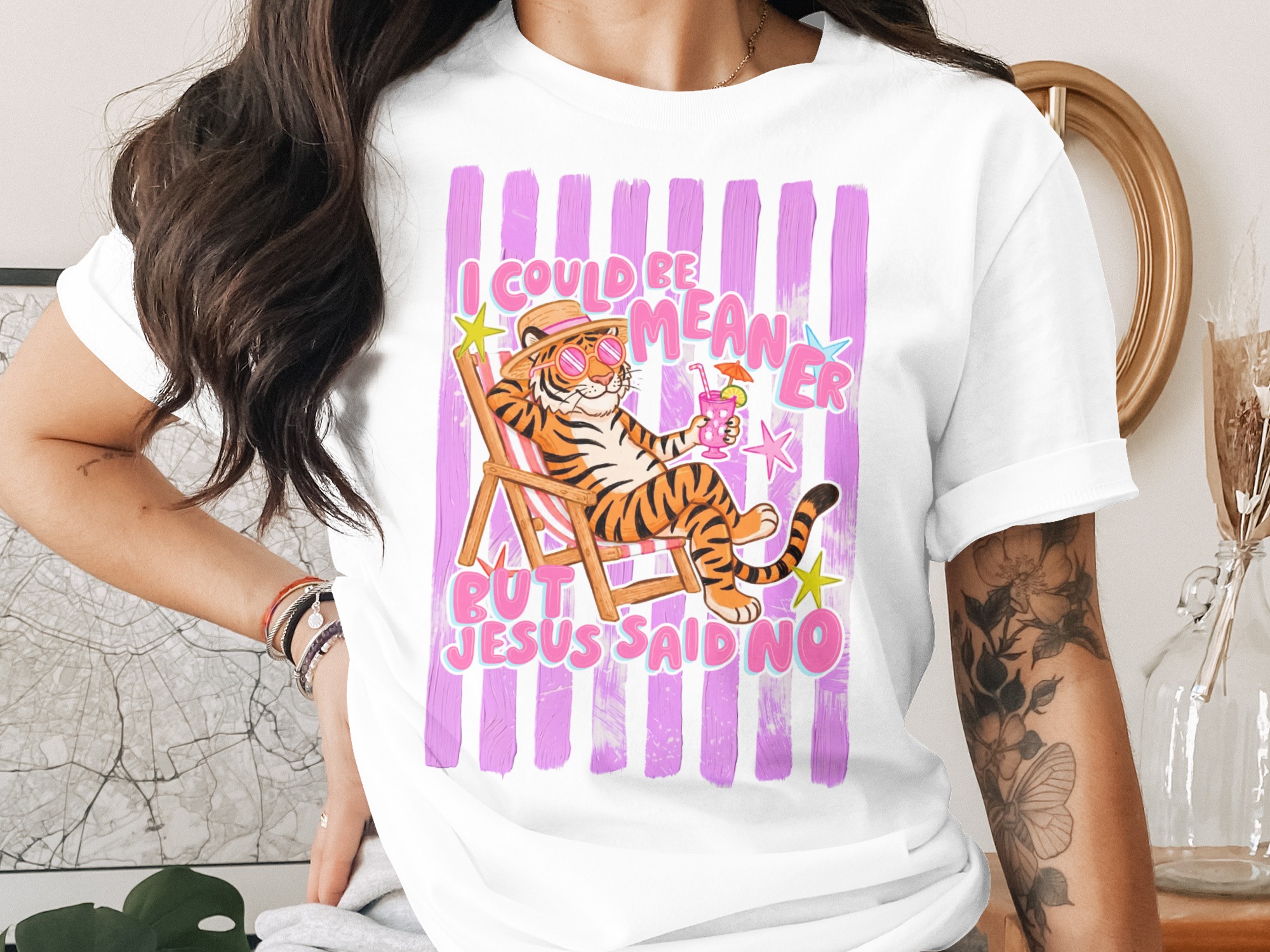 Comfort Colors® I Could Be Meaner But Jesus Said No T-Shirt, Sassy Christian Humor Tee, Funny Tiger Vacation Shirt, Cute Gift for Her, Retro