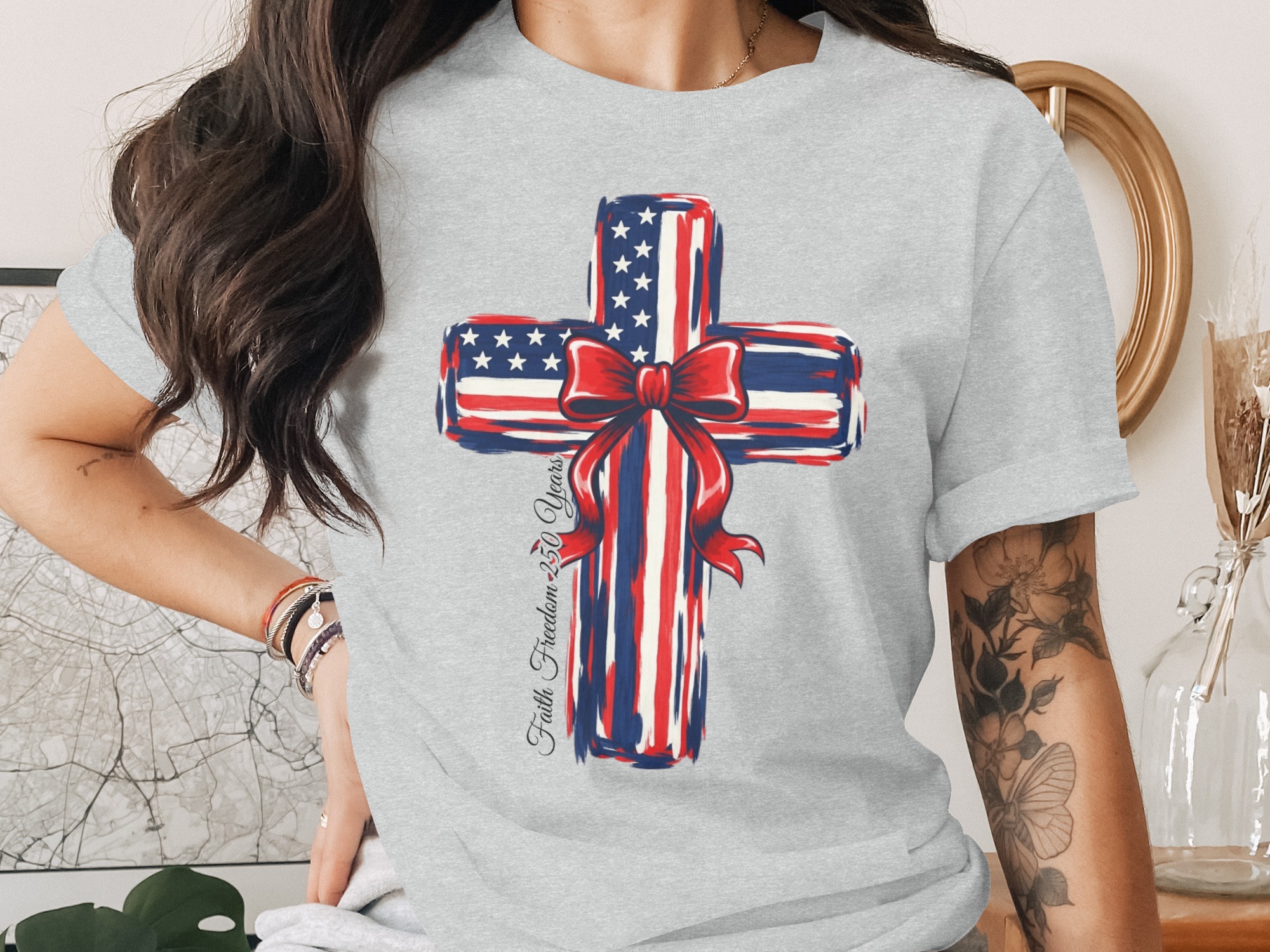 Faith Freedom 250 Years Patriotic Cross T-Shirt | American Flag Christian Tee | Independence Day USA Gift