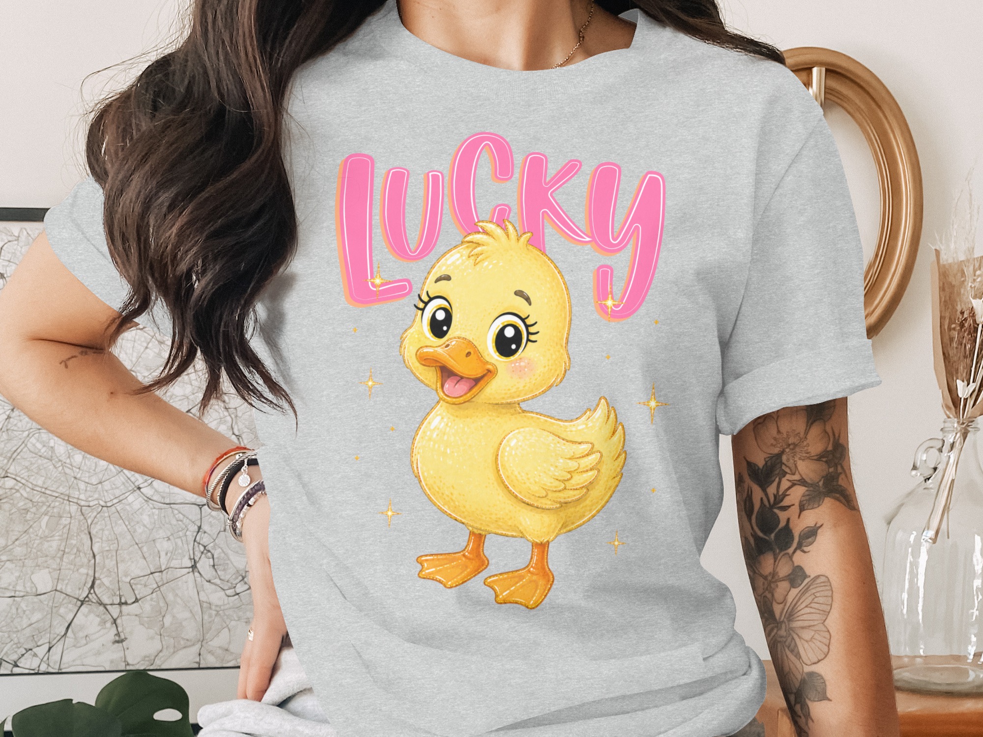 Lucky Duck T-Shirt, Cute Baby Duckling Graphic Tee, Kawaii Animal Shirt, Pink Lucky Top, Positive Vibe Gift - Image 2