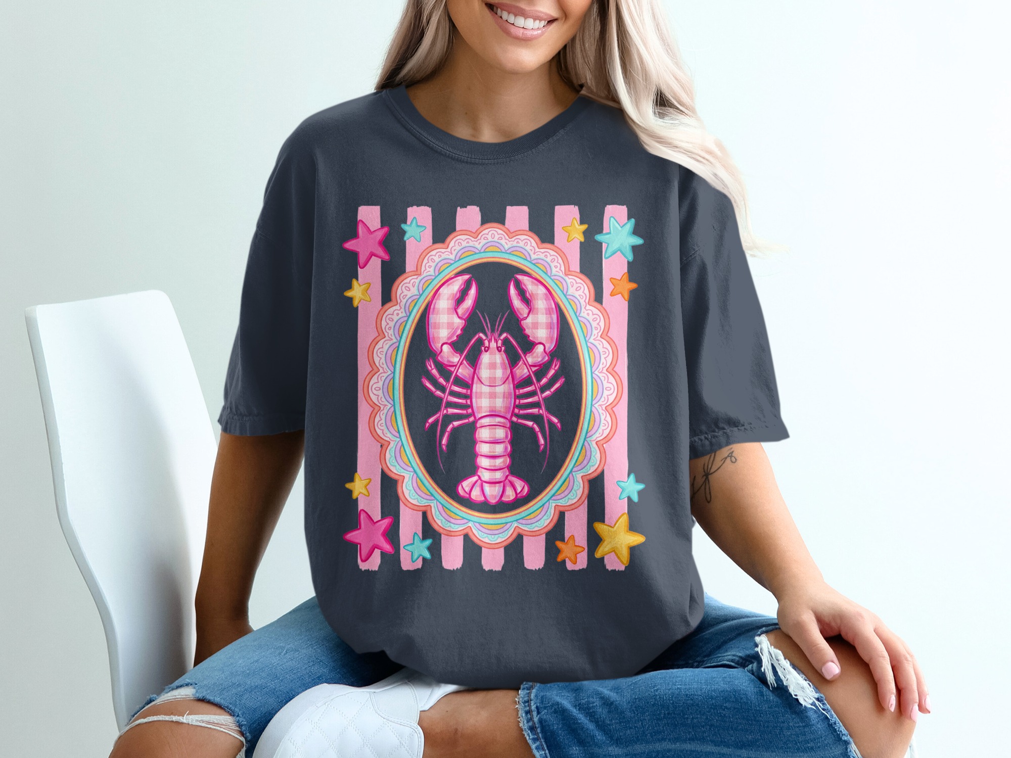 Comfort Colors® Lobster T-Shirt, Cute Pink Gingham Lobster Tee, Coquette Aesthetic Top, Whimsical Summer Beach, Coastal Cowgirl, Preppy - Image 12