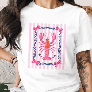 Vibrant Lobster T-Shirt, Preppy Coastal Graphic Tee, Pink Bow Nautical Summer Shirt, Whimsical Ocean Lover Top, Vacation Beach Gift for Her