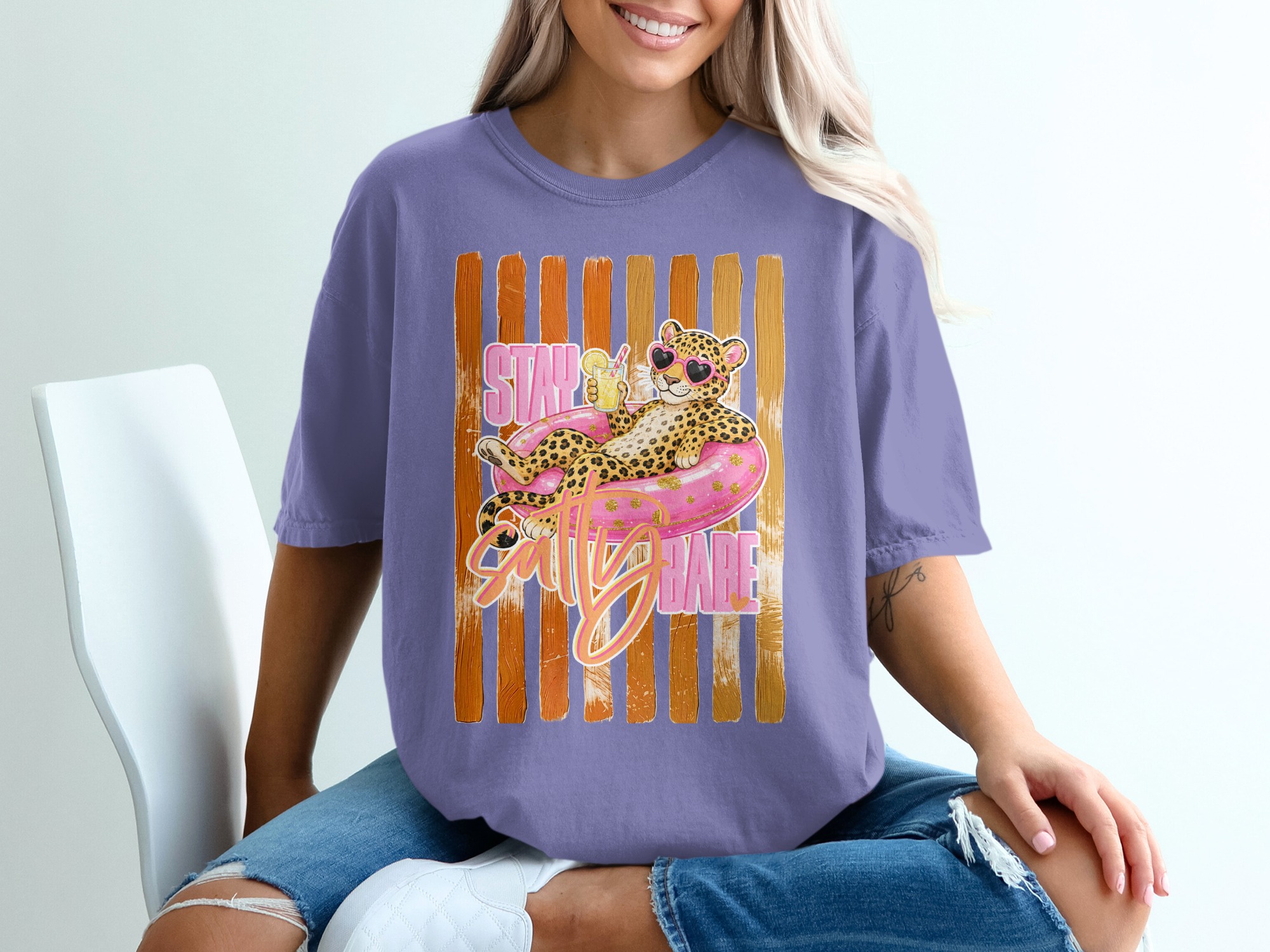 Comfort Colors® Stay Salty Babe T-Shirt, Leopard Print Summer Vacation Tee, Funny Beach Graphic Shirt, Women's Animal Print Gift - Image 13