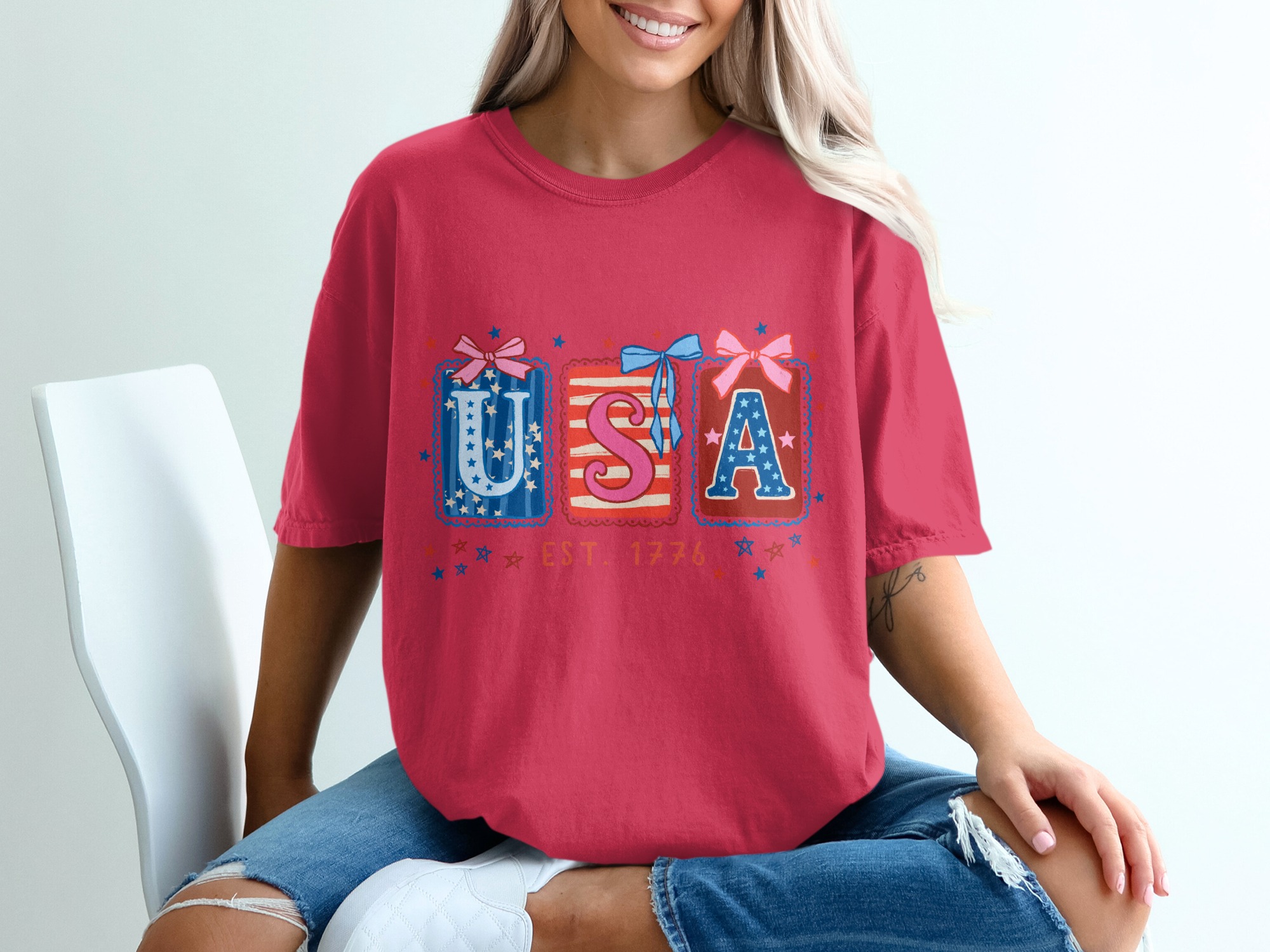 Patriotic USA Est 1776 T-Shirt, Whimsical Americana Tee, Fourth of July Top, Vintage Independence Day Shirt for Her, Cute Stars & Stripes - Image 14