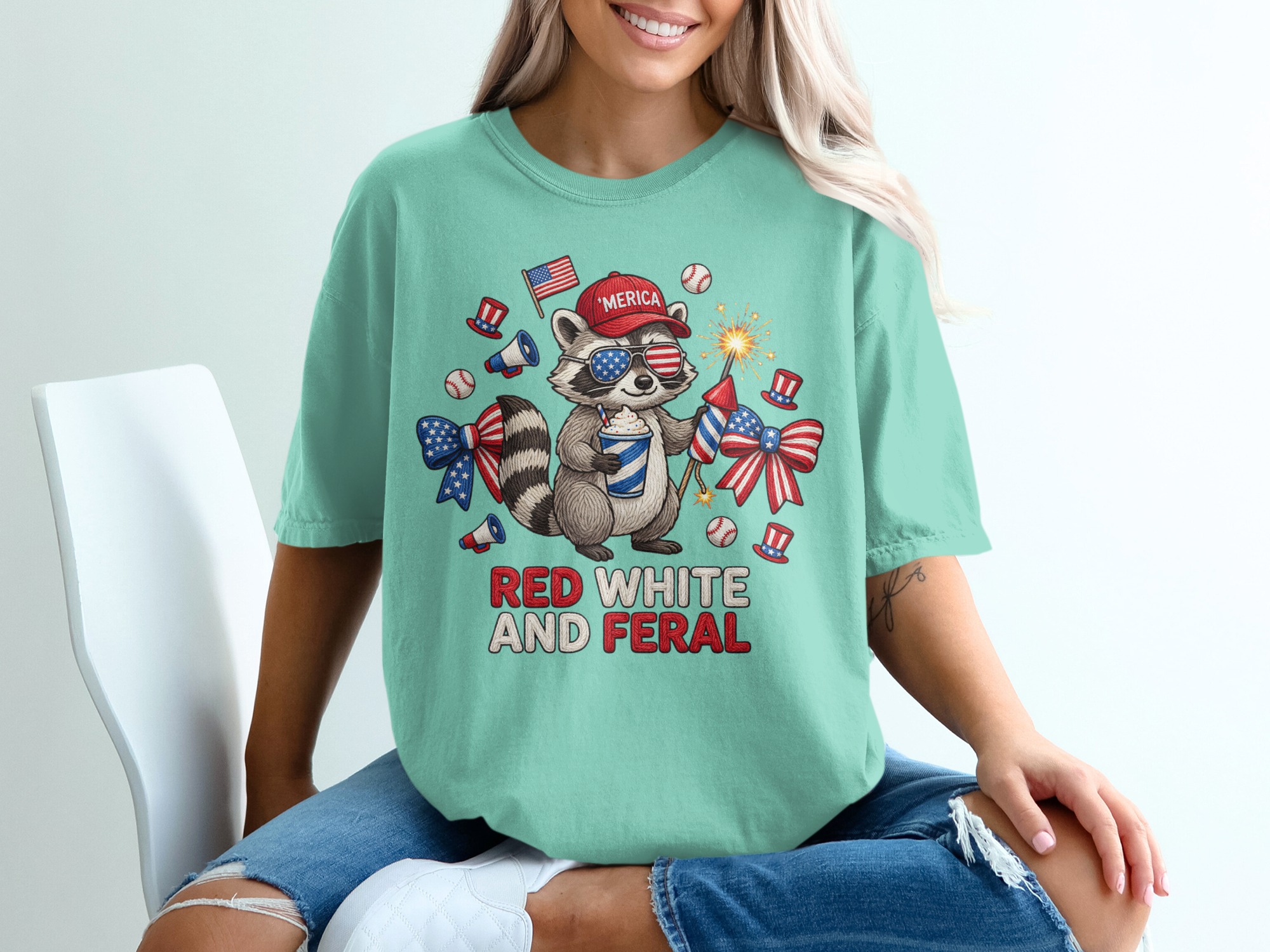 Red White and Feral Raccoon T-Shirt, Funny 4th of July Patriotic America Tee, Independence Day Party Animal Lover Gift - Image 10