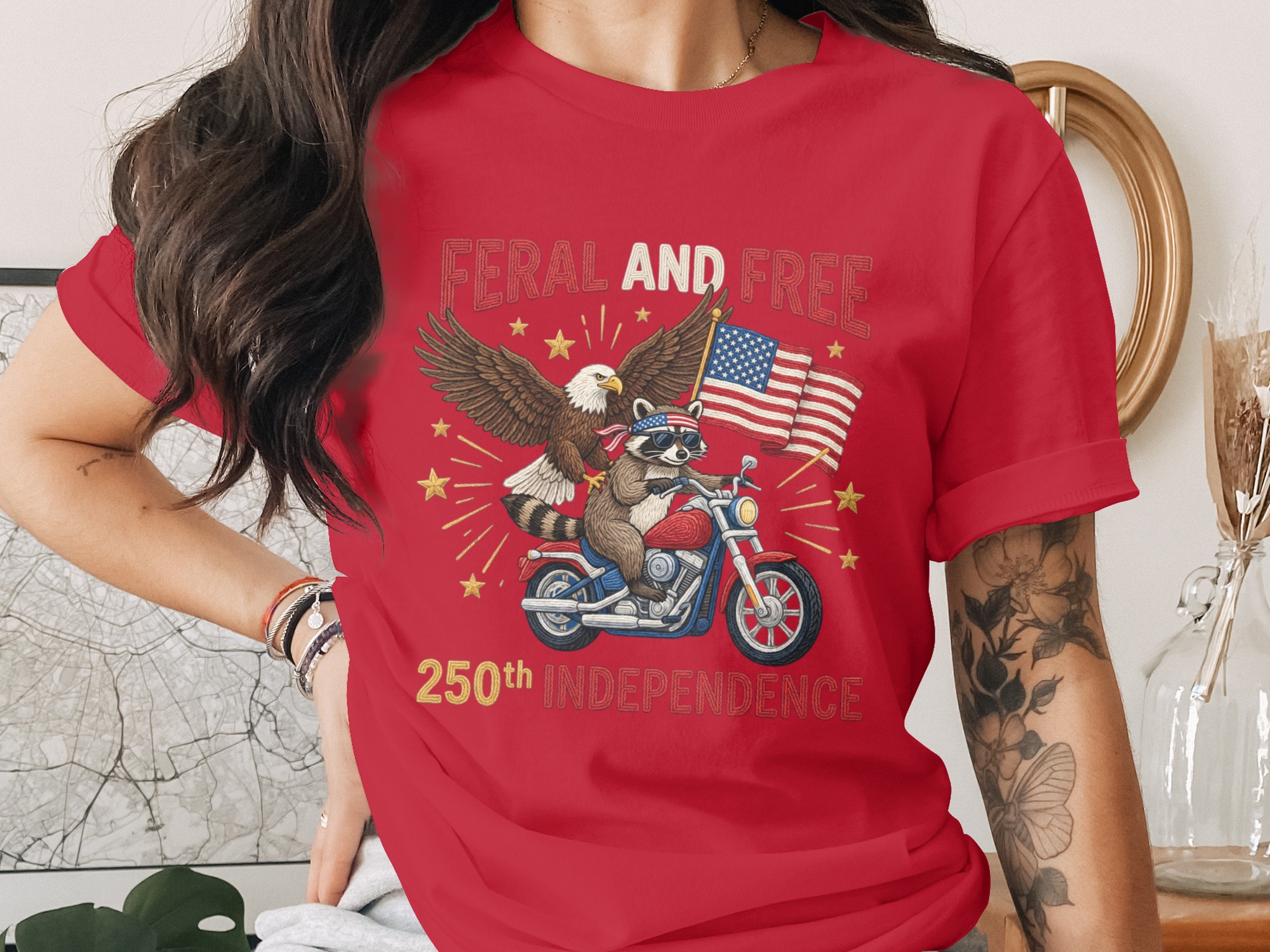 Feral and Free 250th Independence Day T-Shirt, Patriotic Raccoon Eagle Motorcycle Tee, American Flag Biker Freedom Shirt, July 4th Gift - Image 4