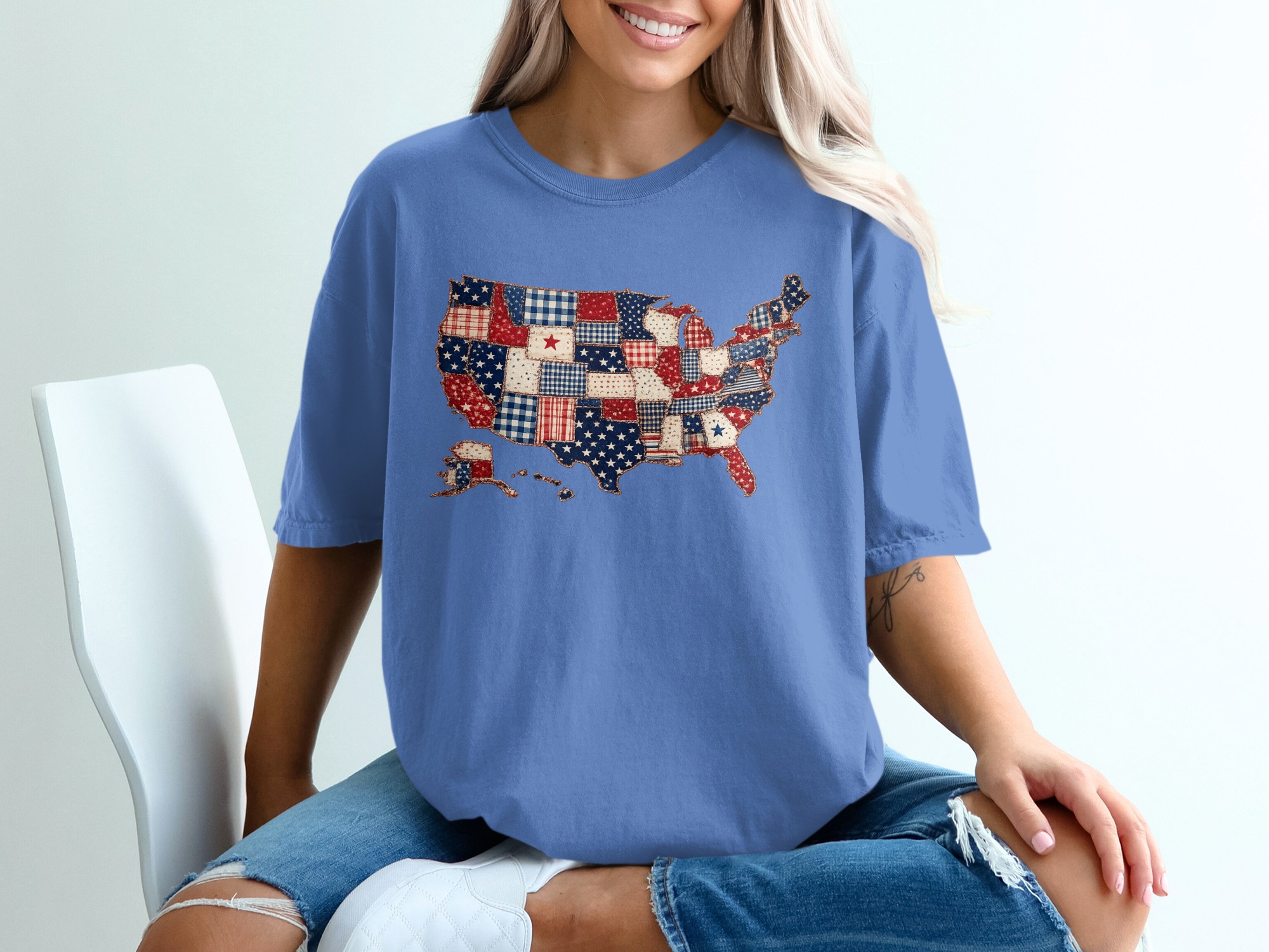 Patriotic USA Map T-Shirt, Americana Quilt Print Tee, Distressed American Flag Shirt, 4th of July Outfit, Veteran Gift Idea - Image 20