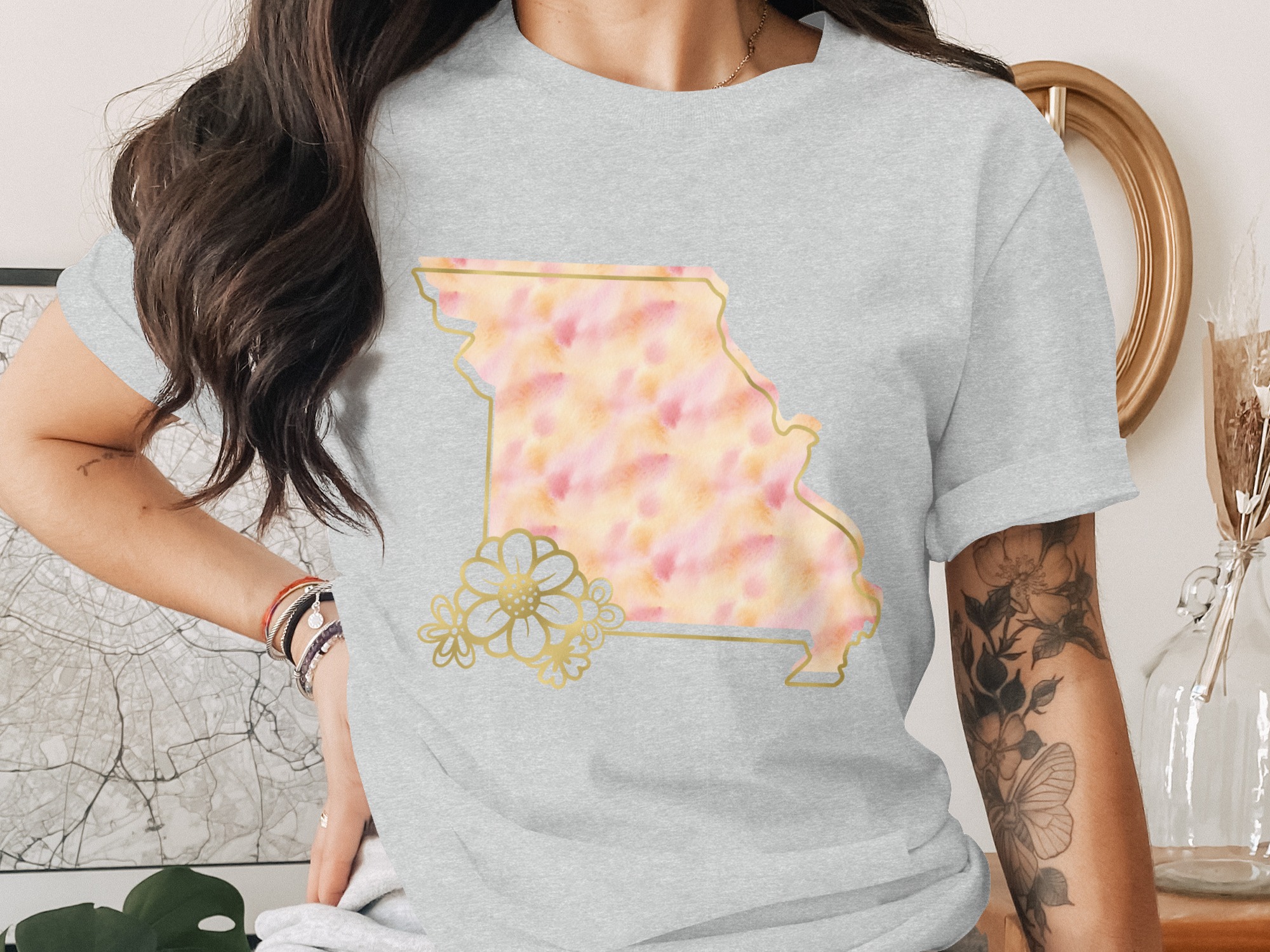 Missouri State Gold Watercolor Floral T-Shirt | MO Map Tee | Show-Me State Pride Gift for Her, Missouri Native & Resident - Image 2
