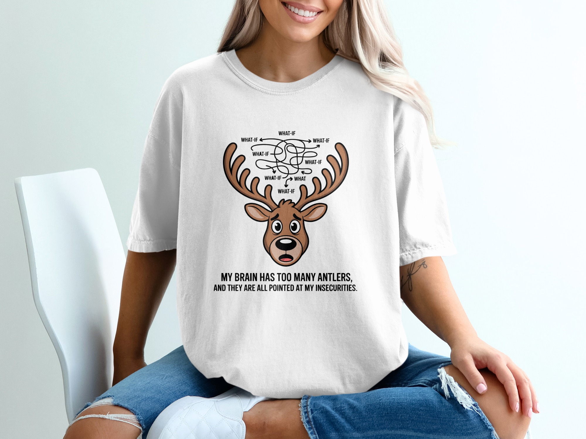 Overthinker Antlers T-Shirt, Funny Anxiety Relief Tee, What If Deer Mental Health Shirt, Relatable Insecurity Humor Gift - Image 6
