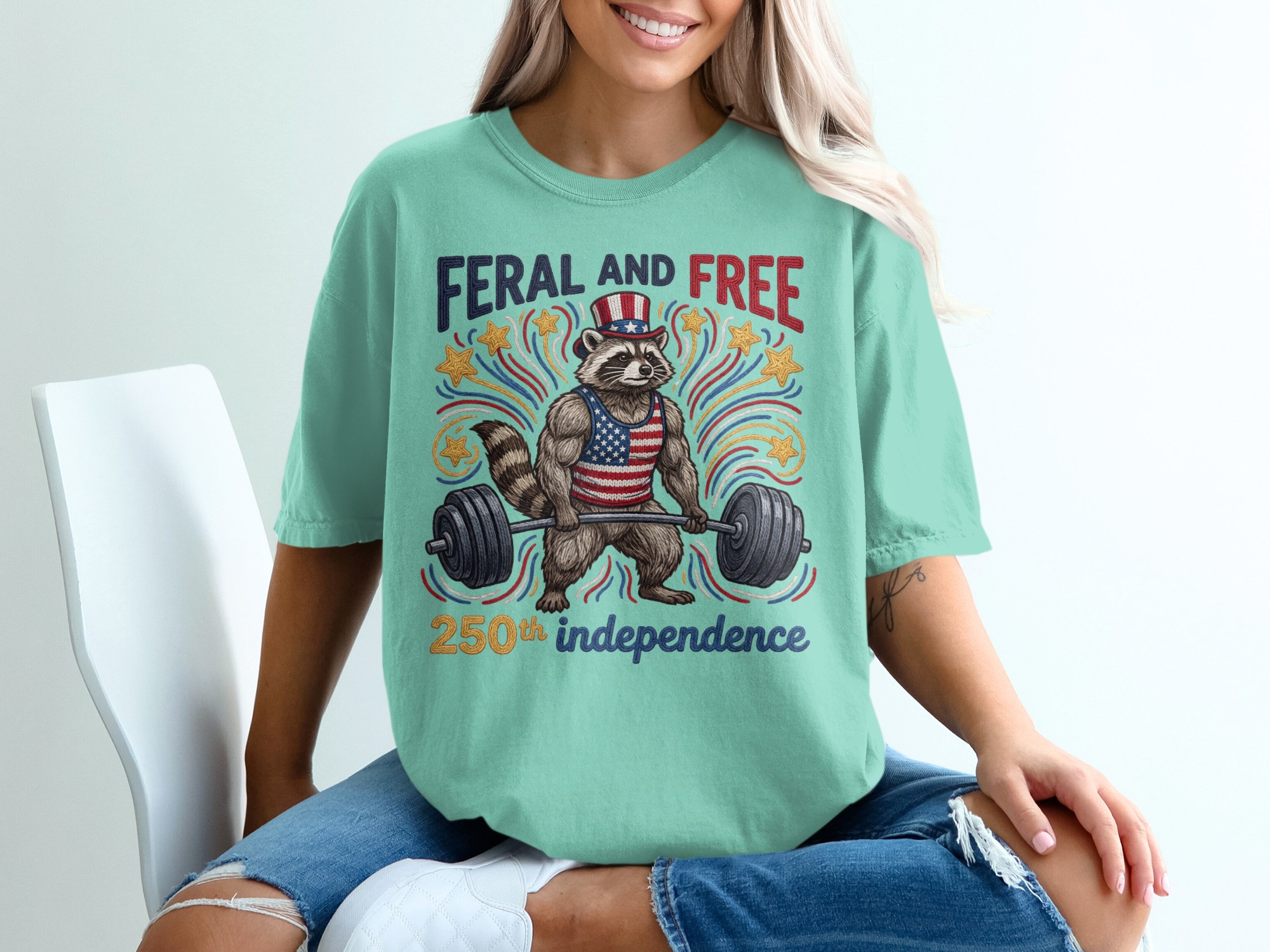 Feral and Free Raccoon T-Shirt, Patriotic Gym Raccoon Tee, 250th Independence Day Shirt, American Flag Weightlifting Shirt - Image 10