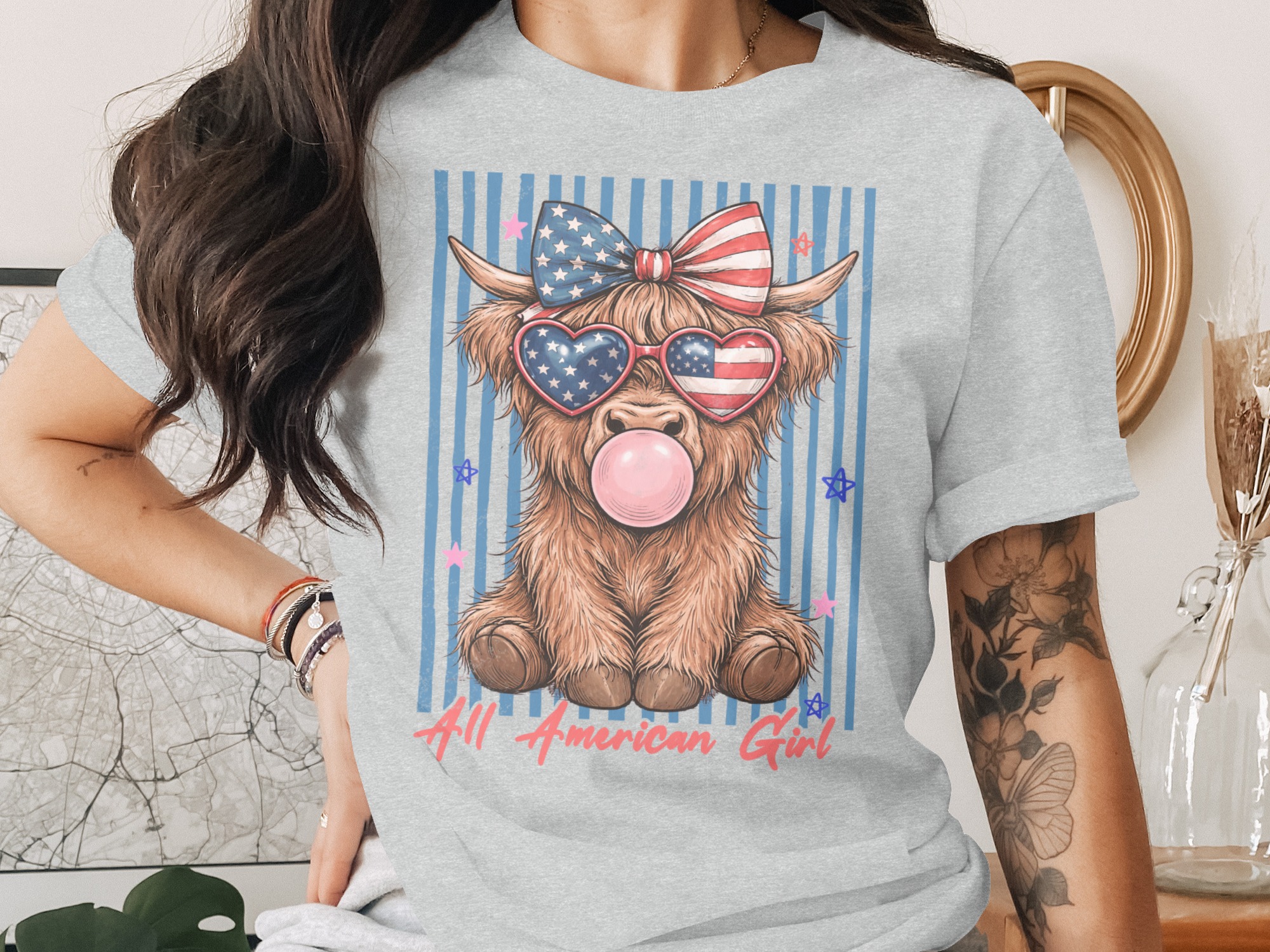 Comfort Colors® Highland Cow T-Shirt, All American Girl Patriotic Summer Tee, Cute 4th of July Western Cowgirl Gift for Her. - Image 2