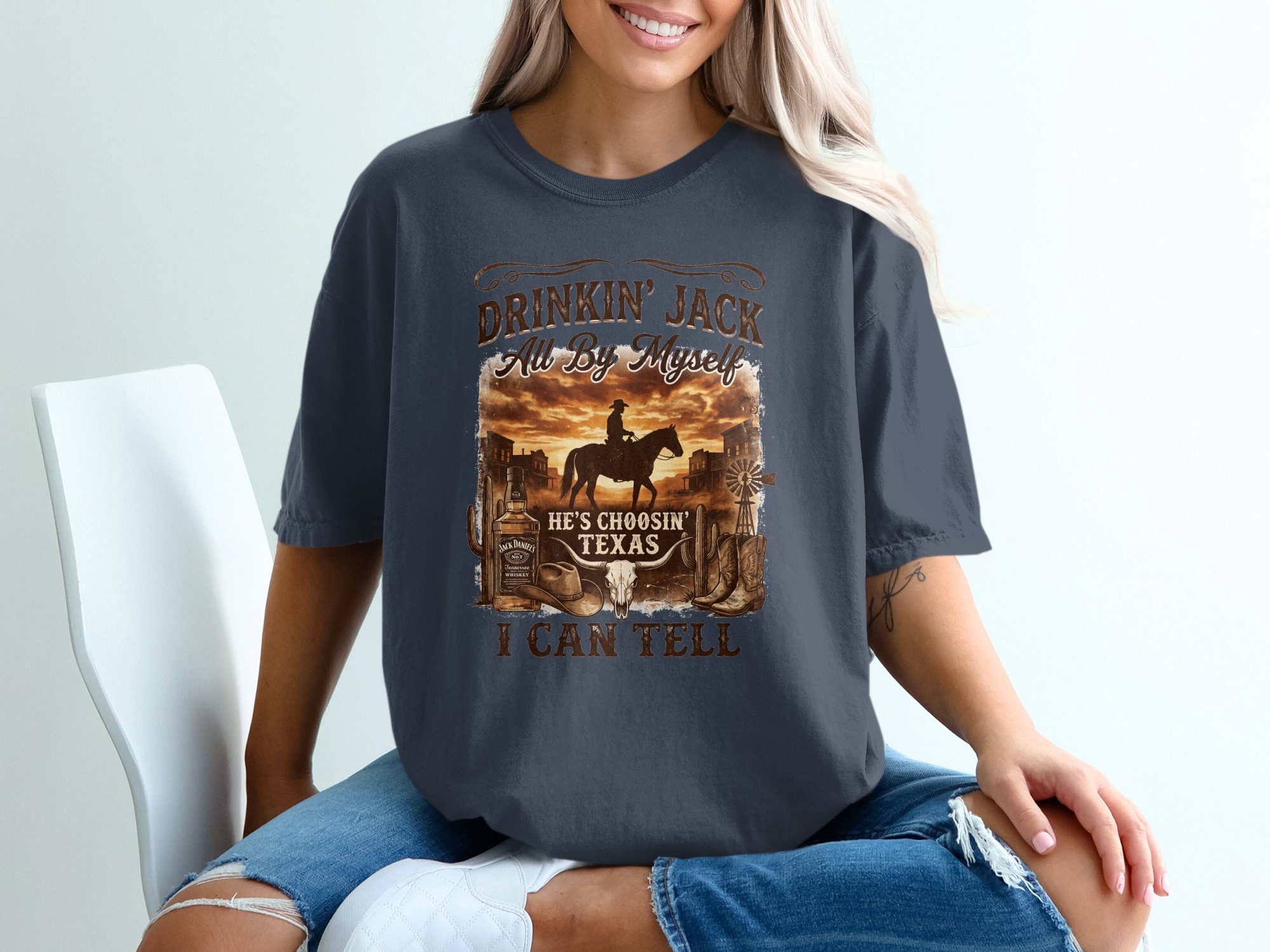 Western Cowboy Texas T-Shirt | Rustic Country Style Graphic Tee for Men & Women | Whiskey Bottle & Bull Skull Design - Image 12