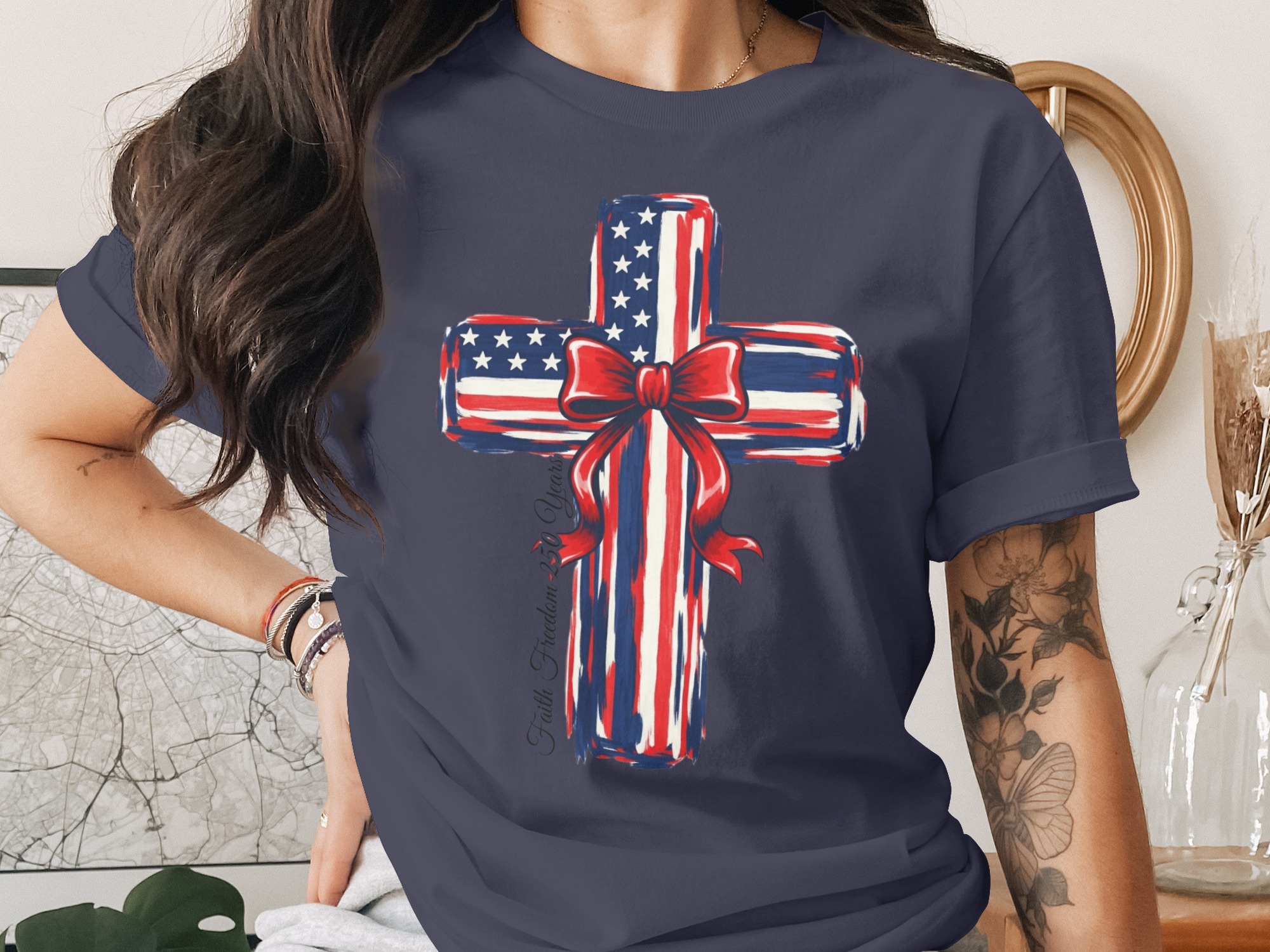 Faith Freedom 250 Years Patriotic Cross T-Shirt | American Flag Christian Tee | Independence Day USA Gift - Image 2