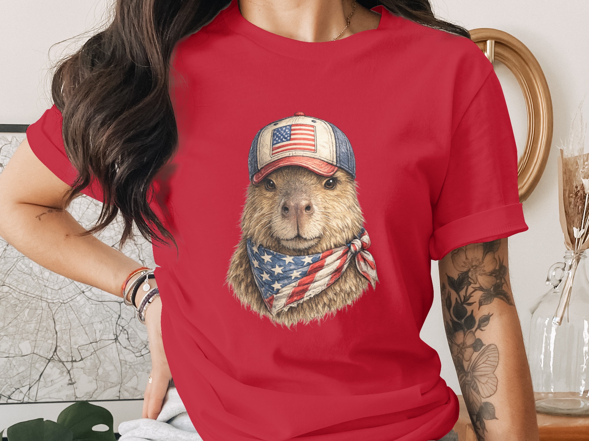 Patriotic Capybara USA Flag Hat & Bandana T-Shirt - Image 2