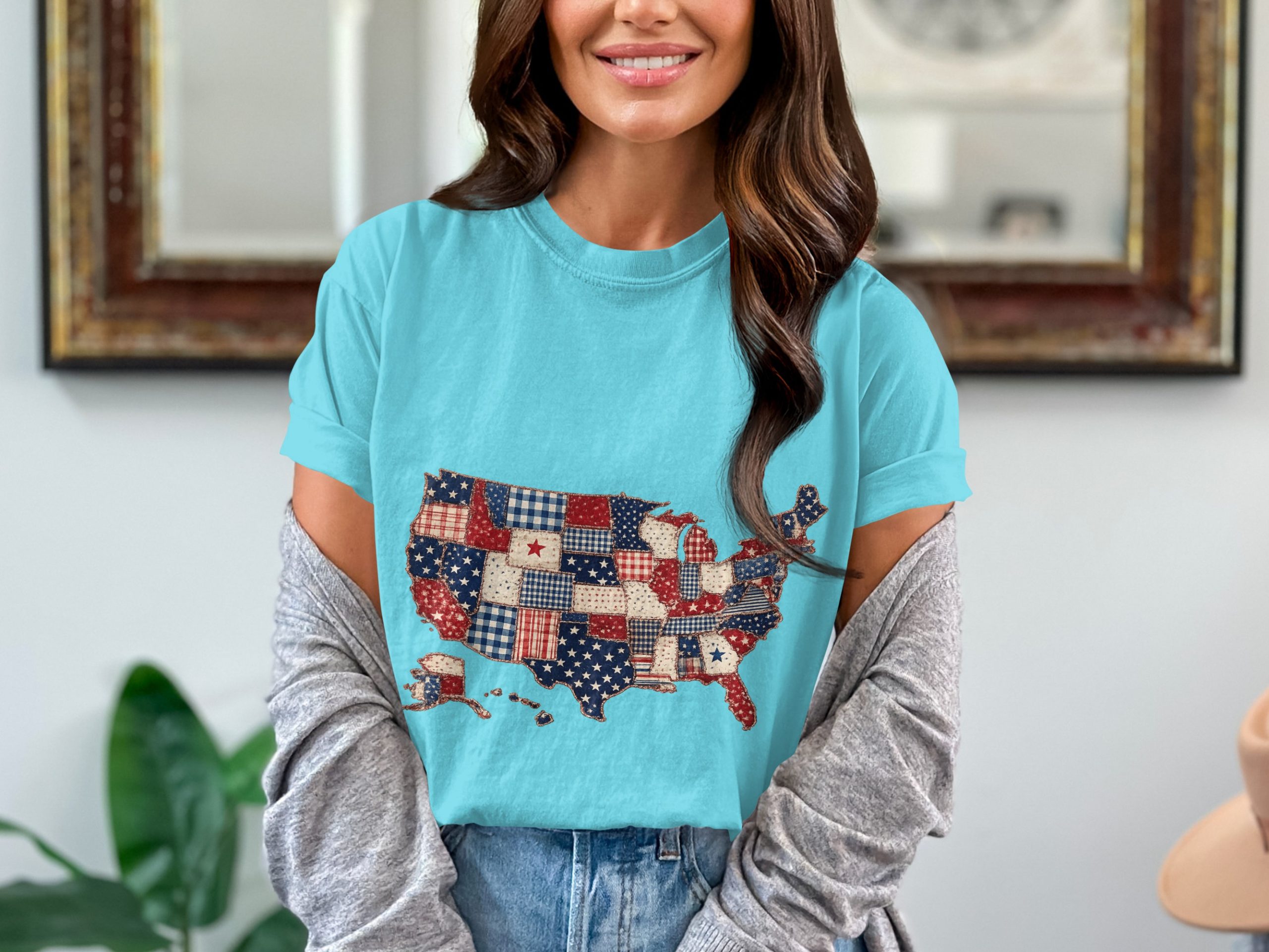 Patriotic USA Map T-Shirt, Americana Quilt Print Tee, Distressed American Flag Shirt, 4th of July Outfit, Veteran Gift Idea - Image 7