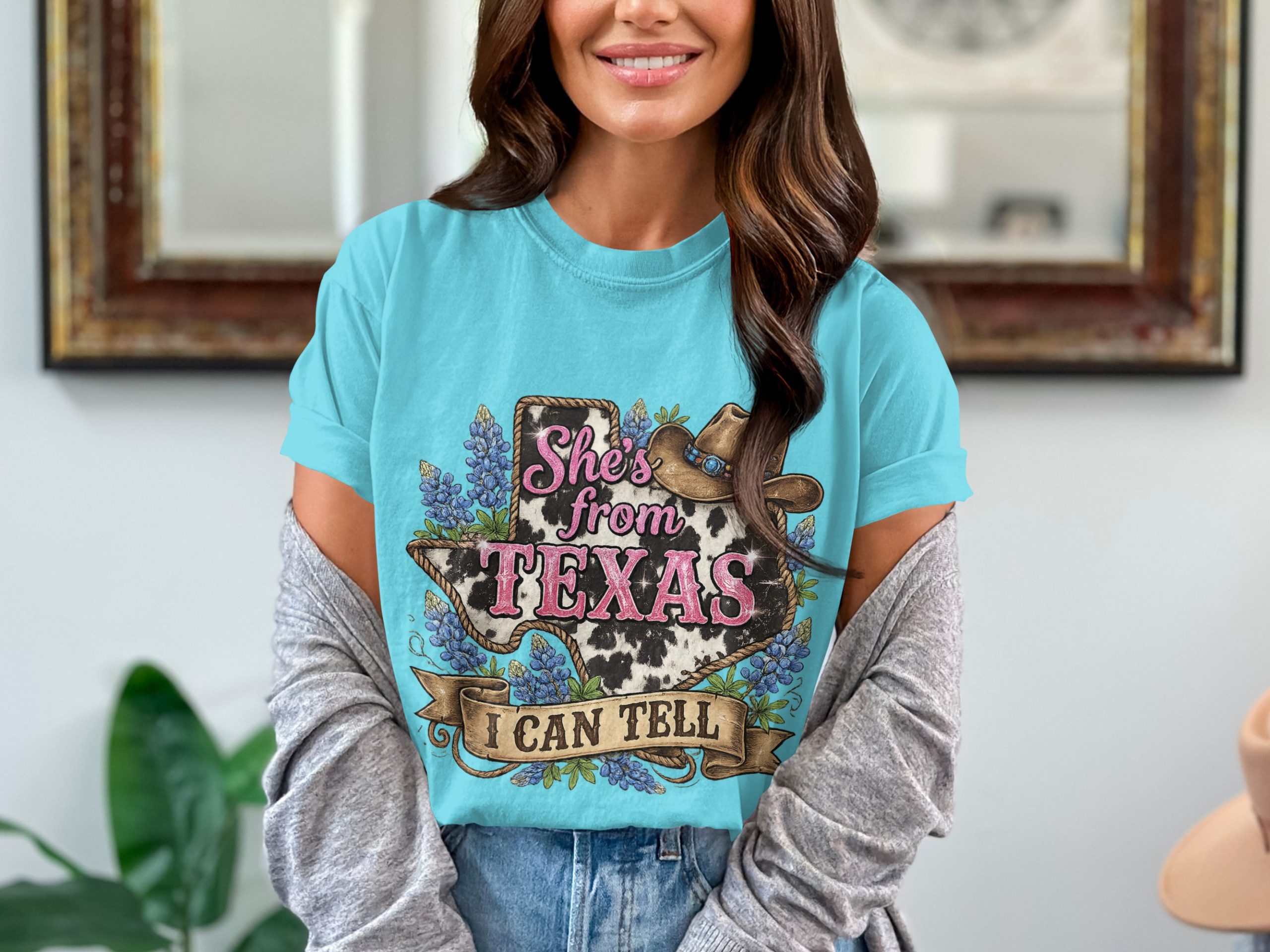 She's from Texas T-Shirt, Cow Print Bluebonnet Texas Tee, Western Country Style Southern Pride Gift for Her - Image 7