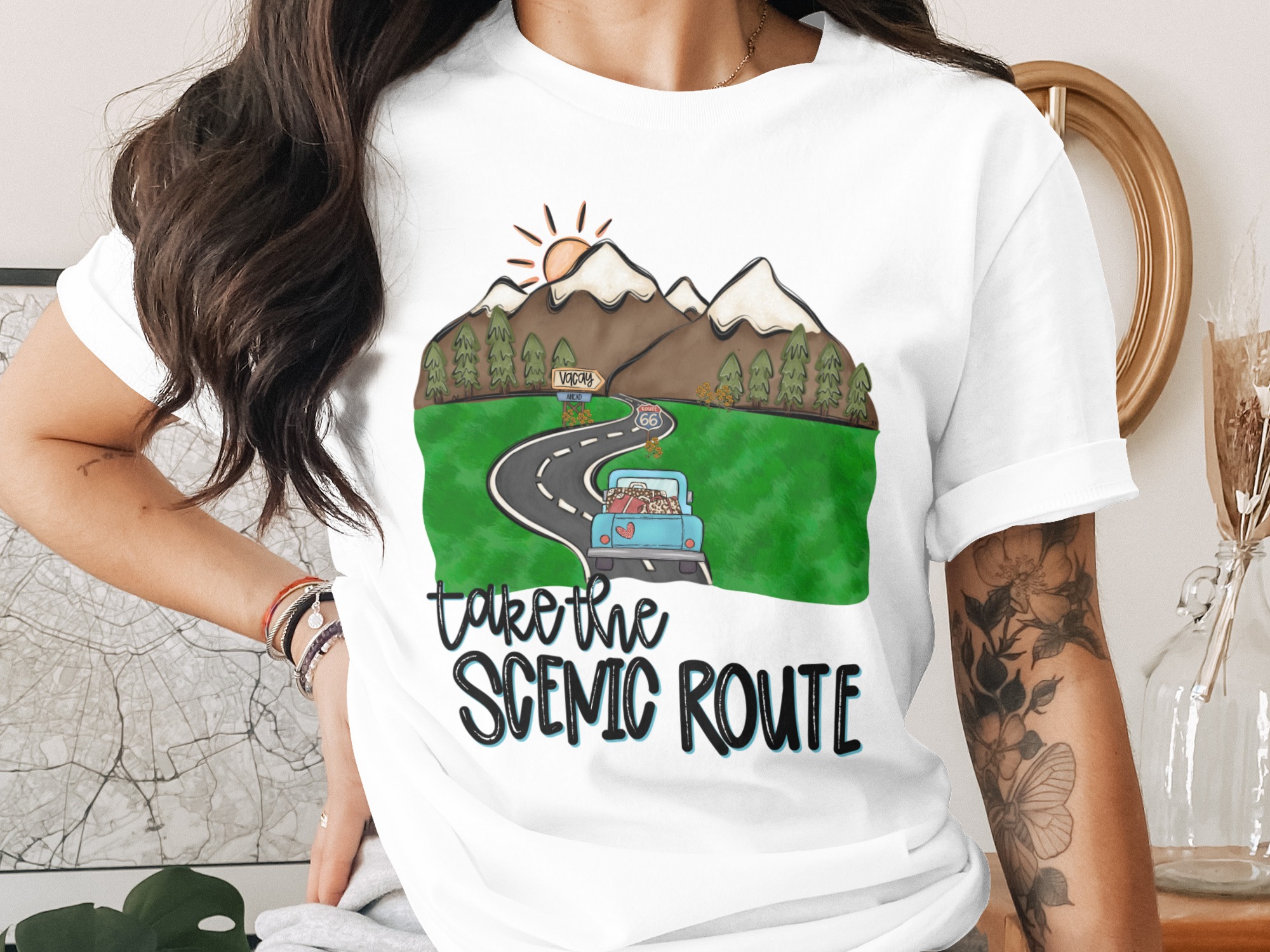Scenic Route T-Shirt, Road Trip Shirt, Travel Lover Tee, Vacation Shirt, Mountain Adventure Graphic Tee for Women