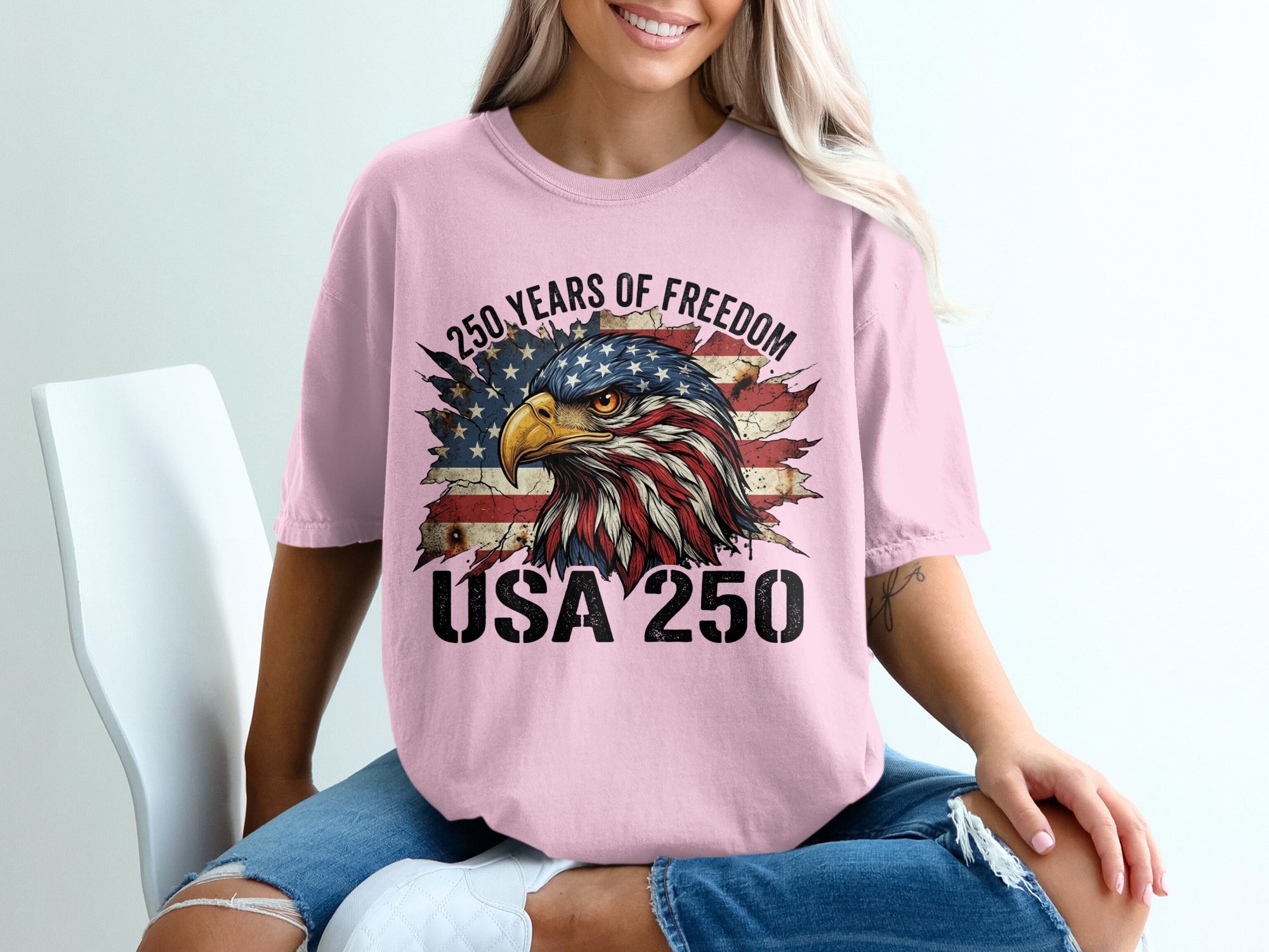 Patriotic American Eagle T-Shirt, USA 250 Years of Freedom Flag Tee, Distressed Heritage Commemorative Independence Day Shirt - Image 17