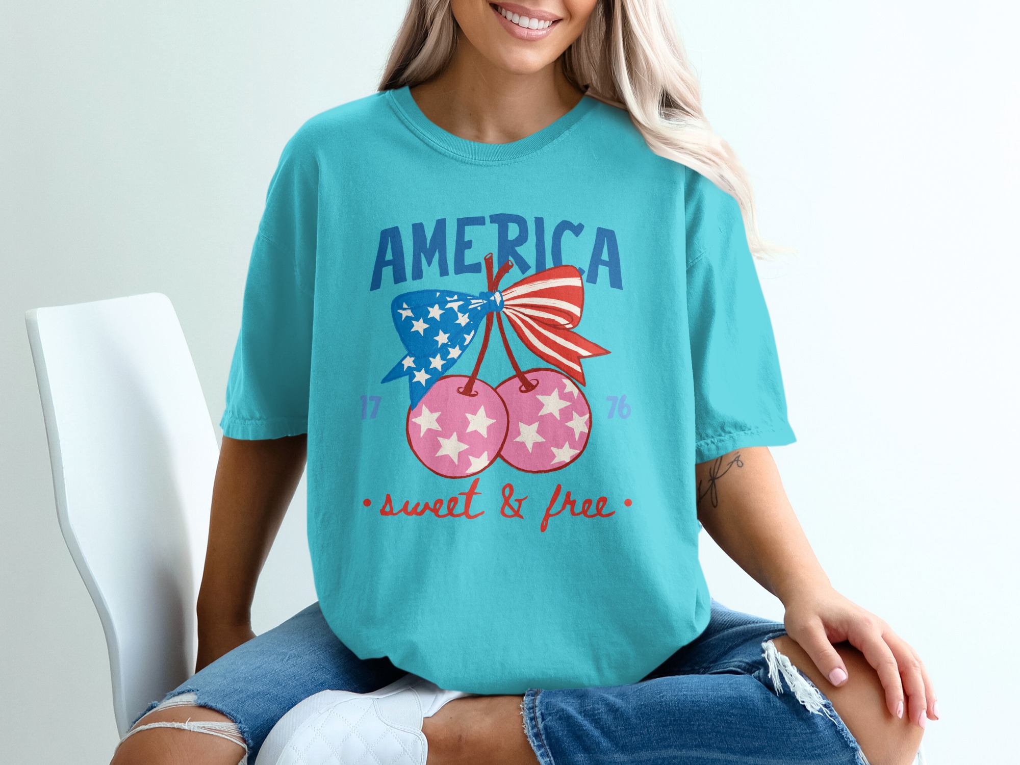 America Sweet & Free T-Shirt, Patriotic Cherry Bow Tee, Fourth of July Vintage Style Shirt, USA Flag Summer Graphic Tee Gift for Her - Image 9