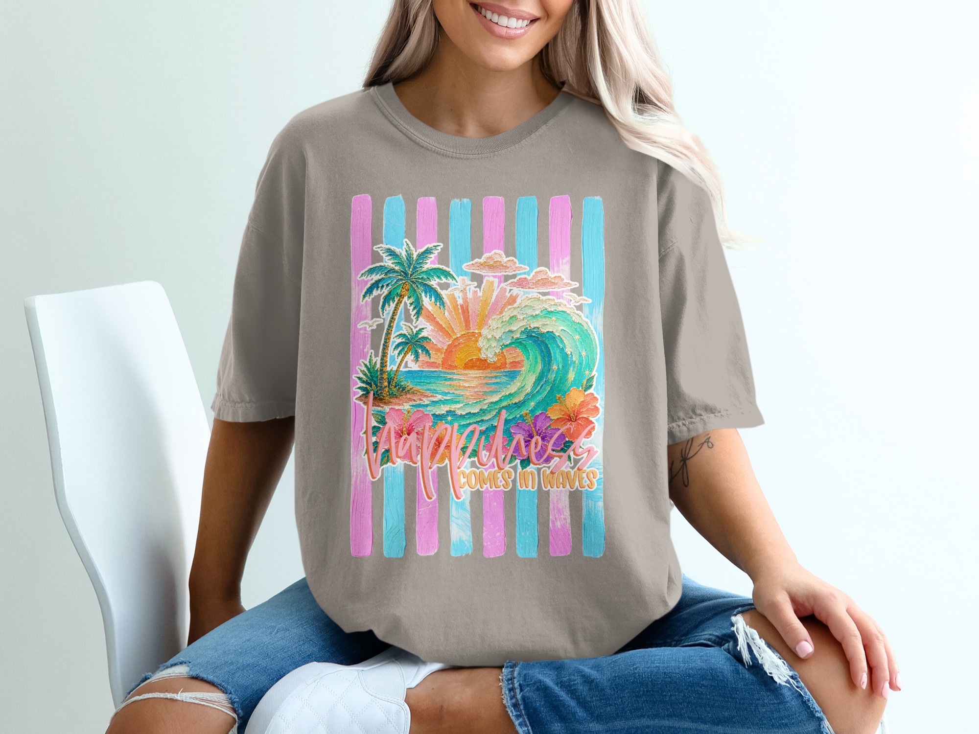 Comfort Colors ® Happiness Comes in Waves T-Shirt, Tropical Sunset Beach Wave Graphic Tee, Vacation Shirt, Ocean Lover Gift for Her, Summer - Image 11