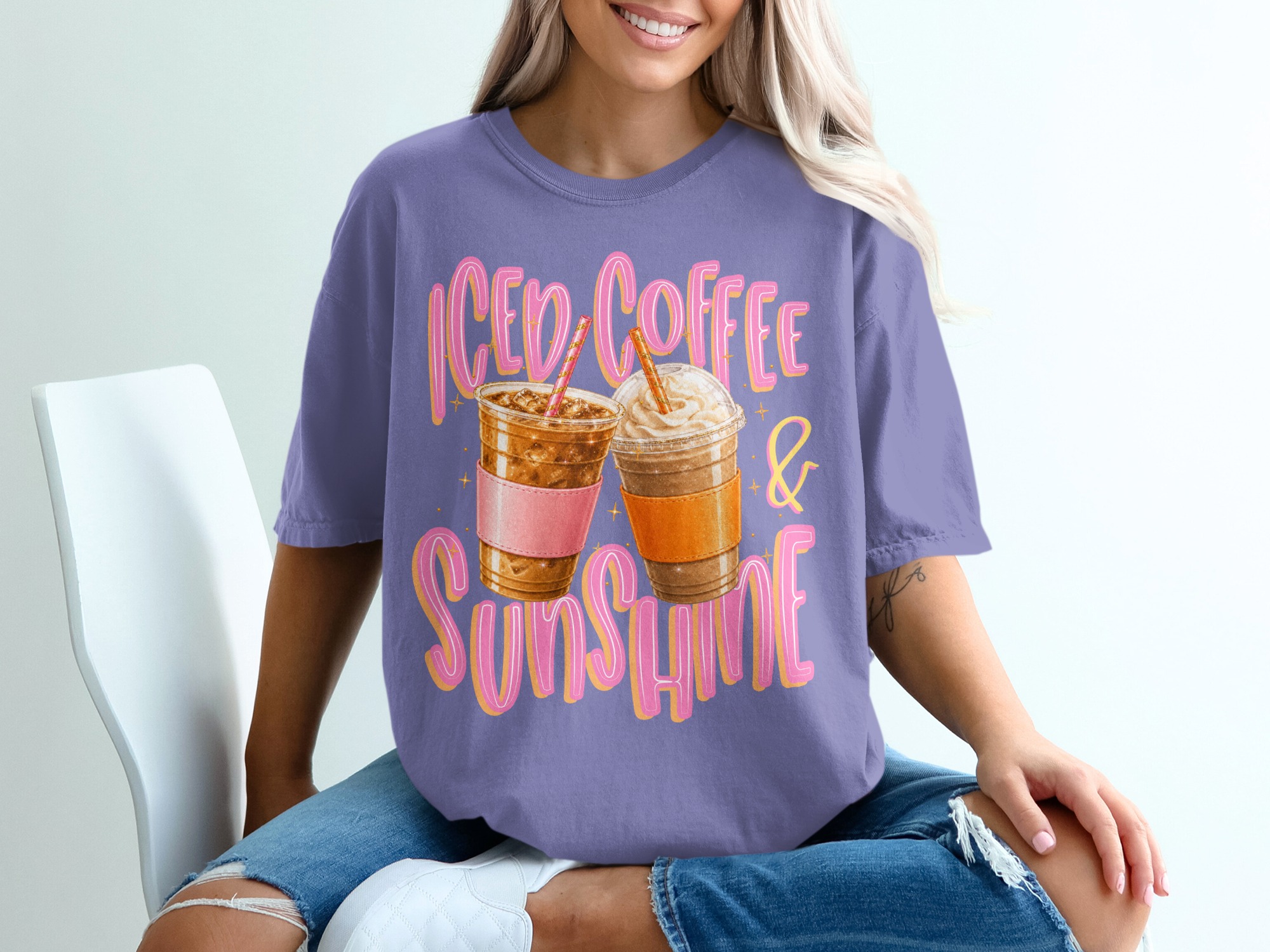 Iced Coffee Sunshine T-Shirt, Summer Vibes Gift, Coffee Lover Aesthetic Tee, Cute Caffeine Graphic Shirt, Women's Trendy Top - Image 13