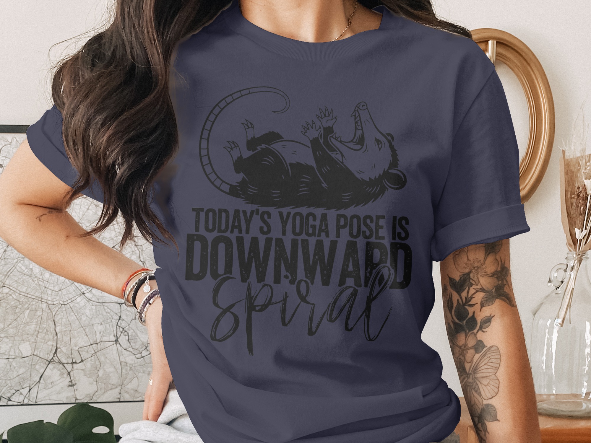 Downward Spiral Opossum Yoga Pose T-Shirt Funny Sarcastic Opossum Shirt Play Dead Tee Dark Humor Anti Yoga Gift for Her Him Trending Meme - Image 2