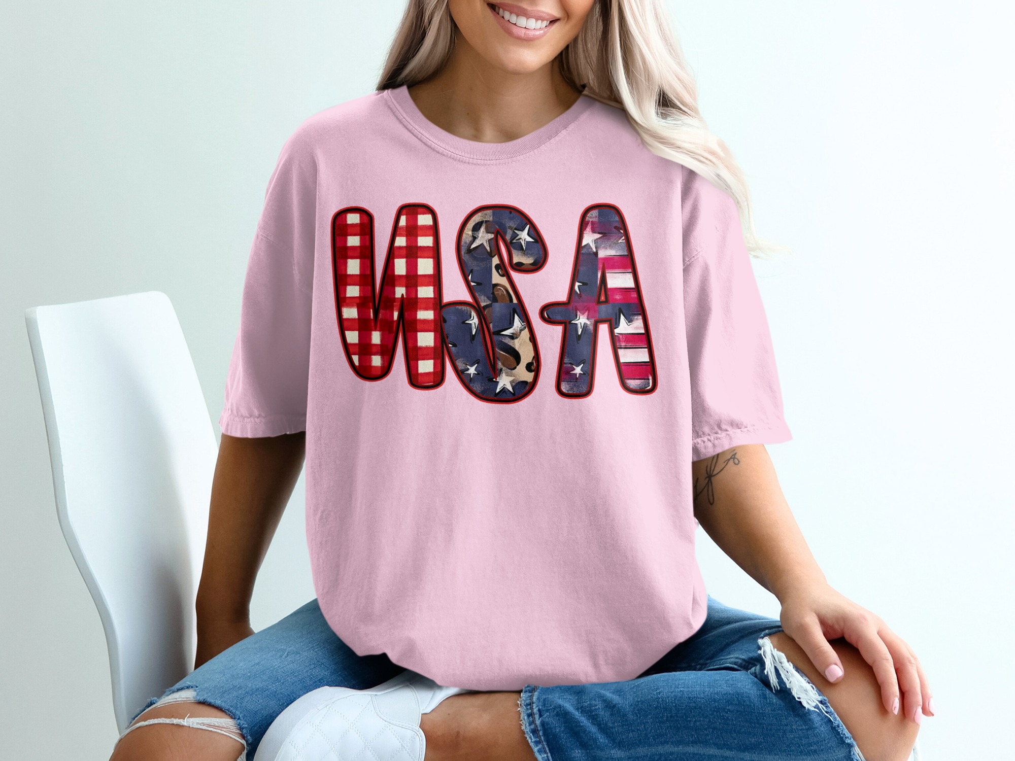 USA T-Shirt, Patriotic 4th of July Shirt, Distressed Buffalo Plaid Leopard Print America Tee, Memorial Day Gift for Her - Image 17