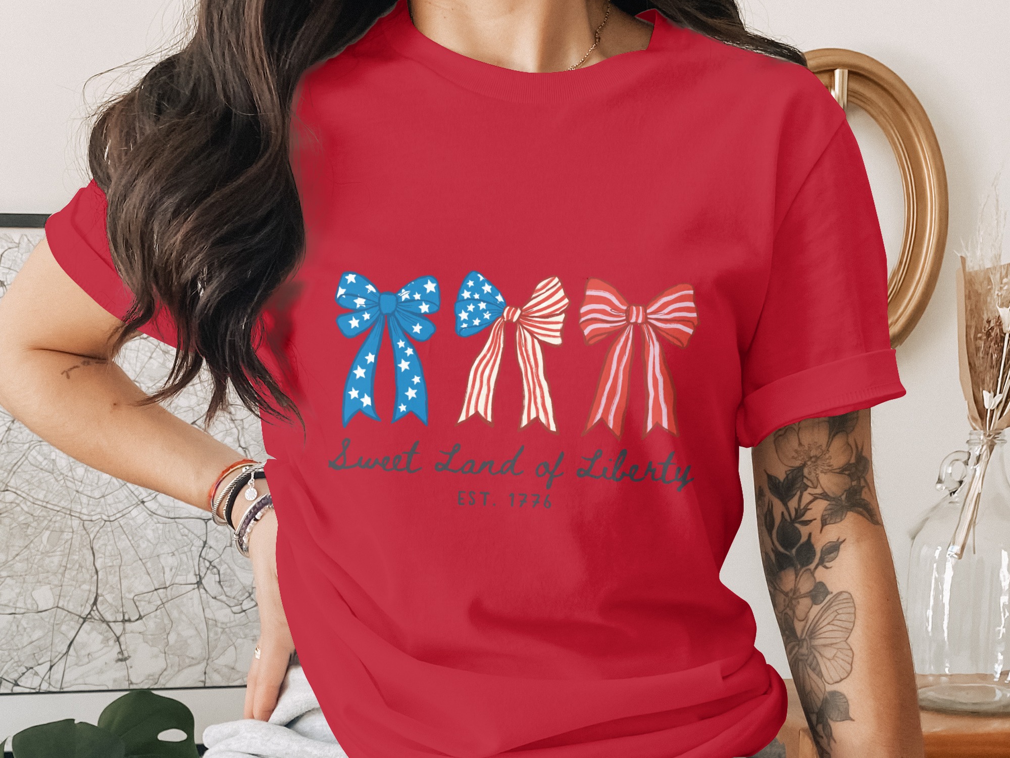 Patriotic Bows T-Shirt, Sweet Land of Liberty Shirt, 4th of July Tee, Distressed Americana Shirt, Vintage Style USA Top, Independence Day - Image 4