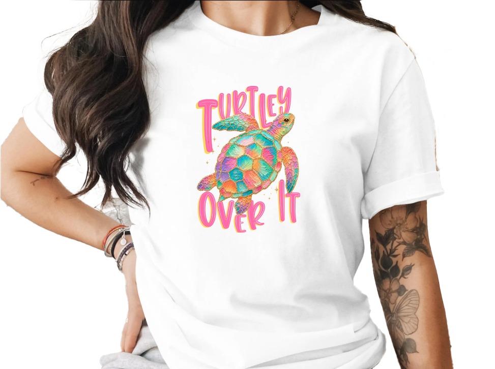 Turtley Over It T-Shirt, Faux Glitter Sea Turtle Tee, Sarcastic Beach Shirt, Colorful Ocean Lover Gift, Summer Vacation Top