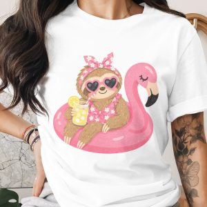 Cute Sloth Summer Vibes Flamingo Pool T-Shirt