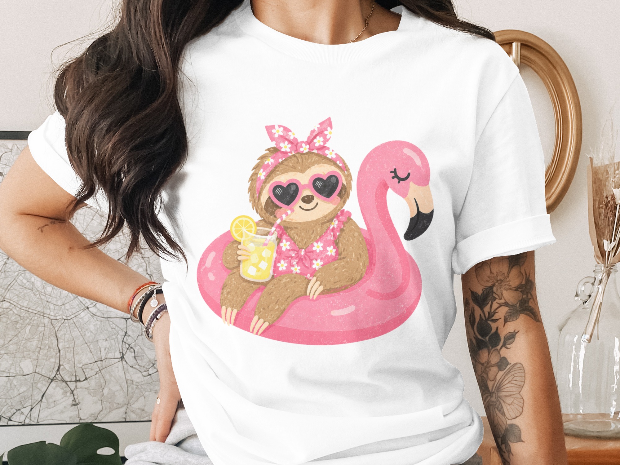 Cute Sloth Summer Vibes Flamingo Pool T-Shirt