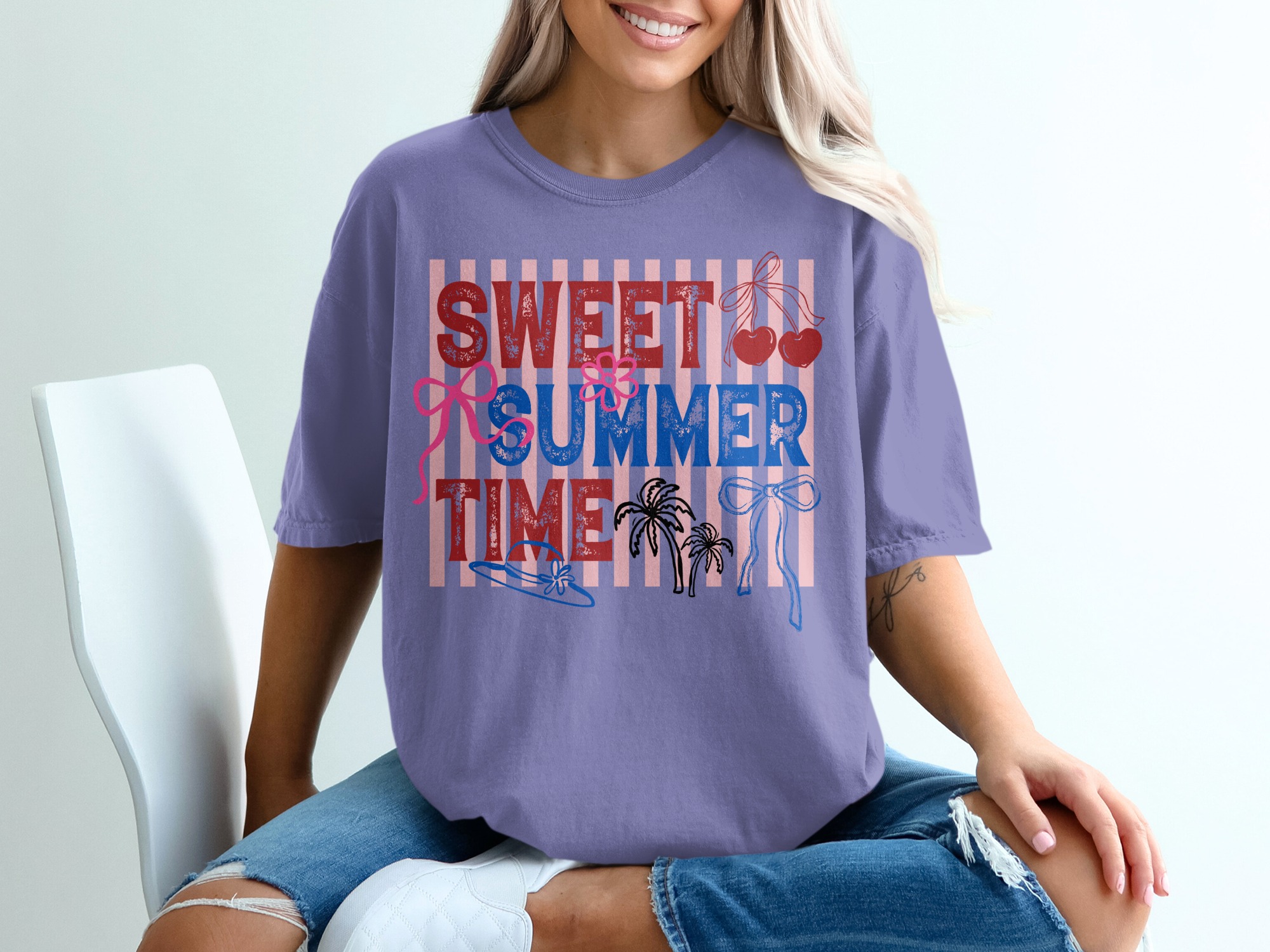 Sweet Summer Time T-Shirt, Retro Patriotic Summer Vibes Tee, Cherry Bow Palm Tree Shirt, Beach Vacation Outfit, Fourth of July Gift - Image 13