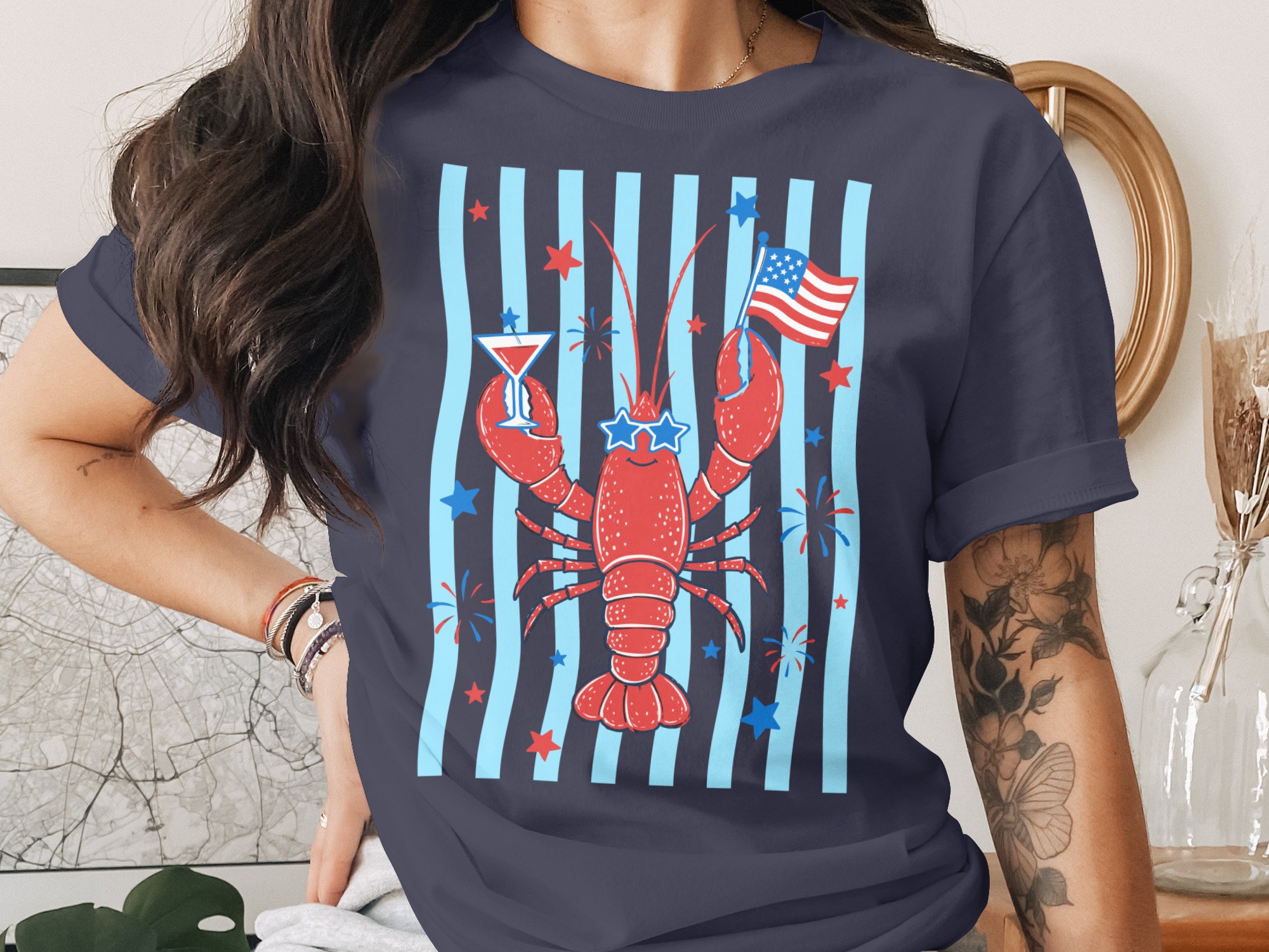 Comfort Colors® Patriotic Lobster T-Shirt, Funny 4th of July Tee, Summer Coastal Vacation Shirt, USA Flag Lobster Party Top - Image 3