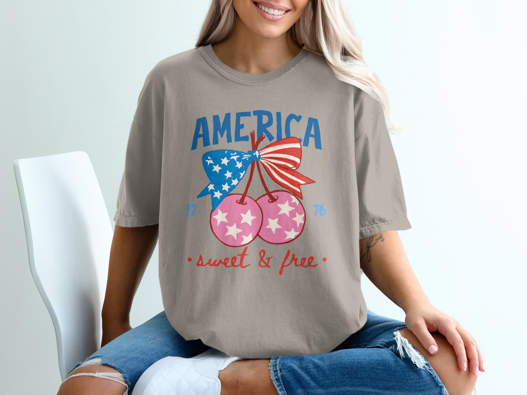 America Sweet & Free T-Shirt, Patriotic Cherry Bow Tee, Fourth of July Vintage Style Shirt, USA Flag Summer Graphic Tee Gift for Her - Image 11