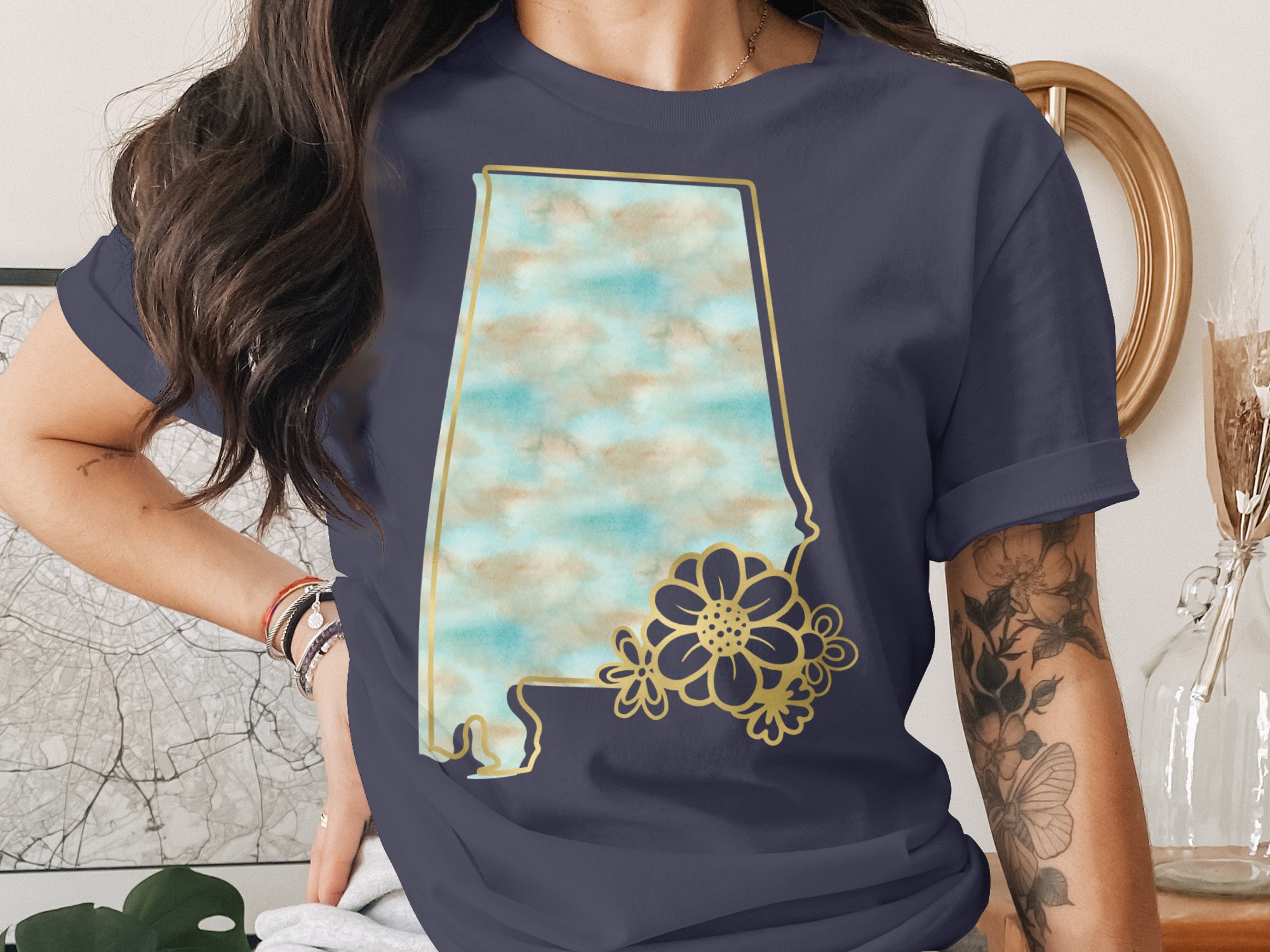 Alabama State Flower T-Shirt, Faux Gold Floral Watercolor Alabama Map Tee, Southern Home State Pride Gift Shirt for Women - Image 3