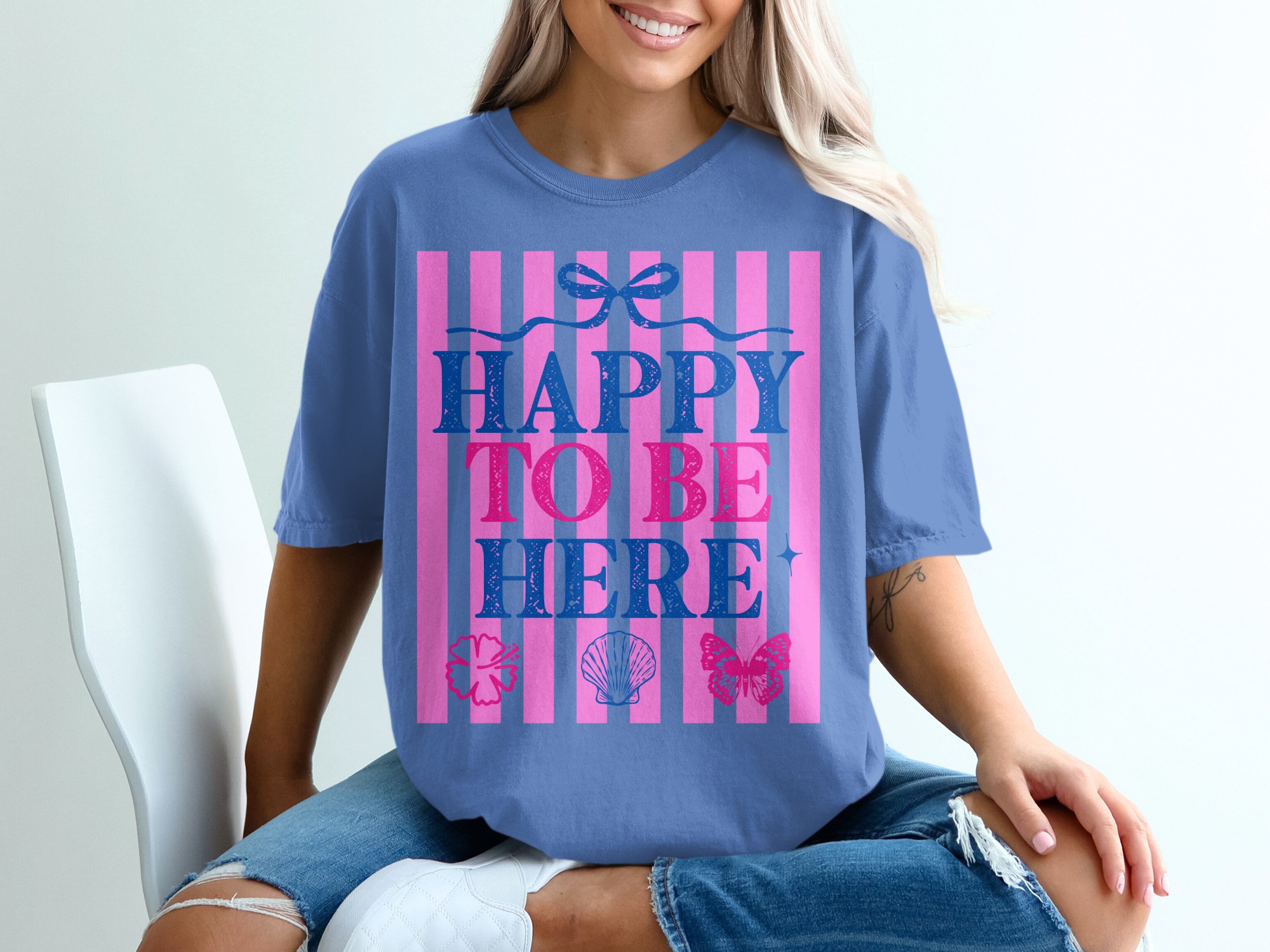 Happy To Be Here T-shirt | Barbiecore Aesthetic Tee | Pink & Blue Summer Vacation Shirt | Positive Vibes Travel Tee Gift for Her - Image 20