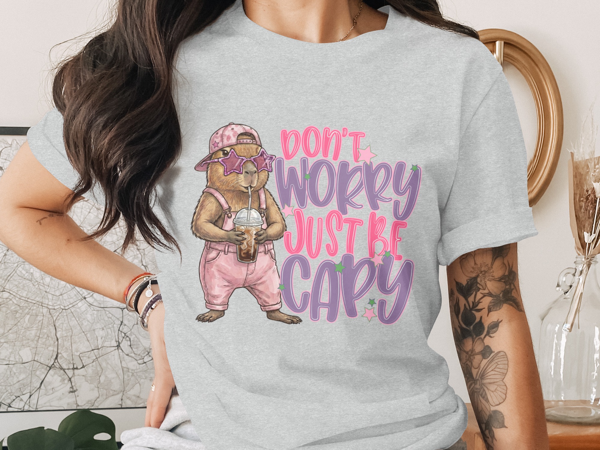 Don't Worry Just Be Capy T-Shirt, Cute Capybara Shirt, Chill Animal Tee, Iced Coffee Lover Gift, Trendy Positive Vibe Apparel - Image 2