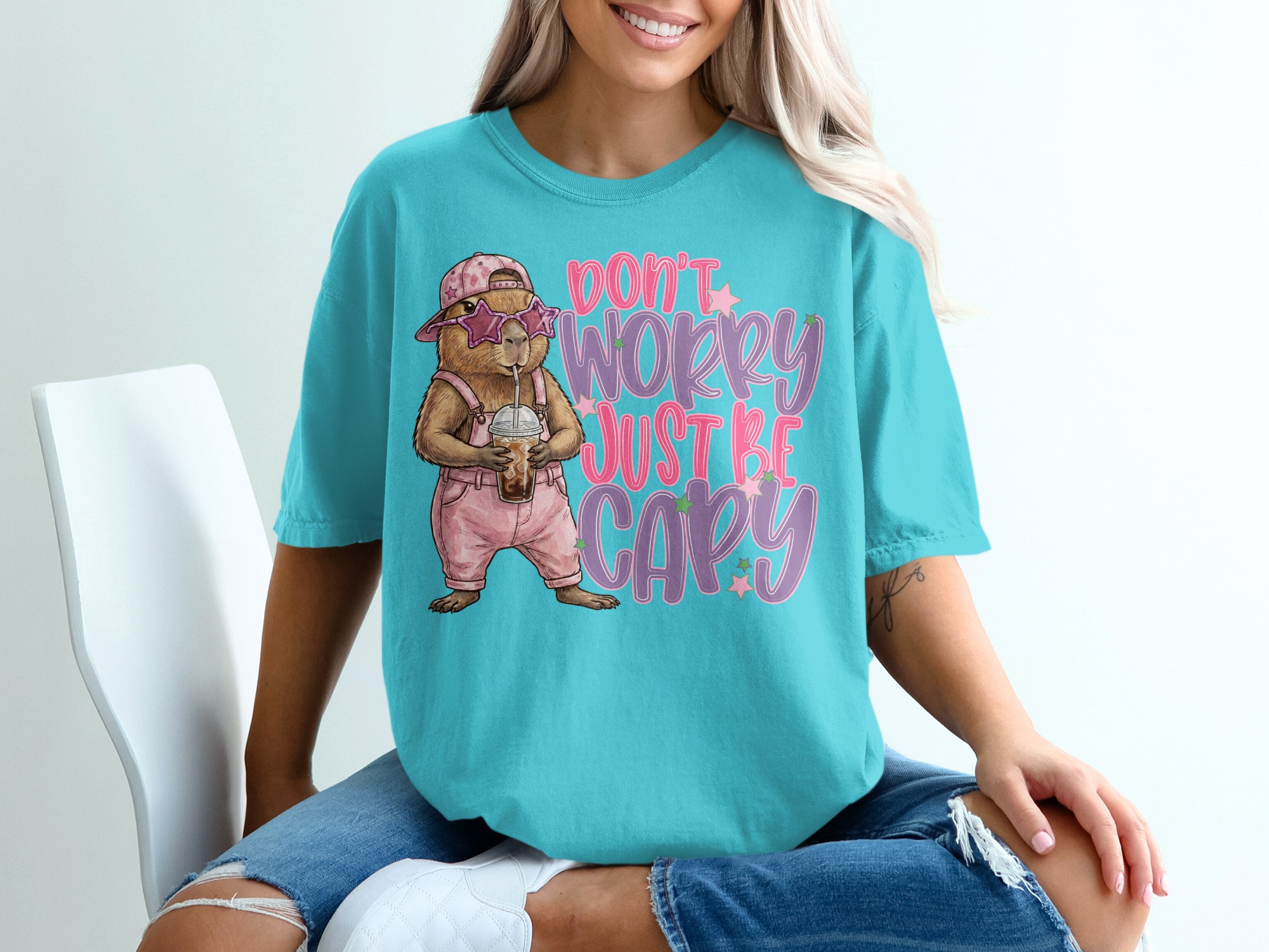 Don't Worry Just Be Capy T-Shirt, Cute Capybara Shirt, Chill Animal Tee, Iced Coffee Lover Gift, Trendy Positive Vibe Apparel - Image 9