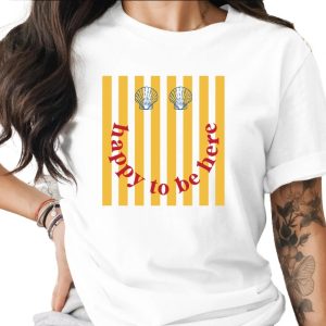 Happy To Be Here T-Shirt, Retro Smiley Face Beach Tee, Seashell Stripe Summer Vacation Shirt, Positive Vibes Graphic Top