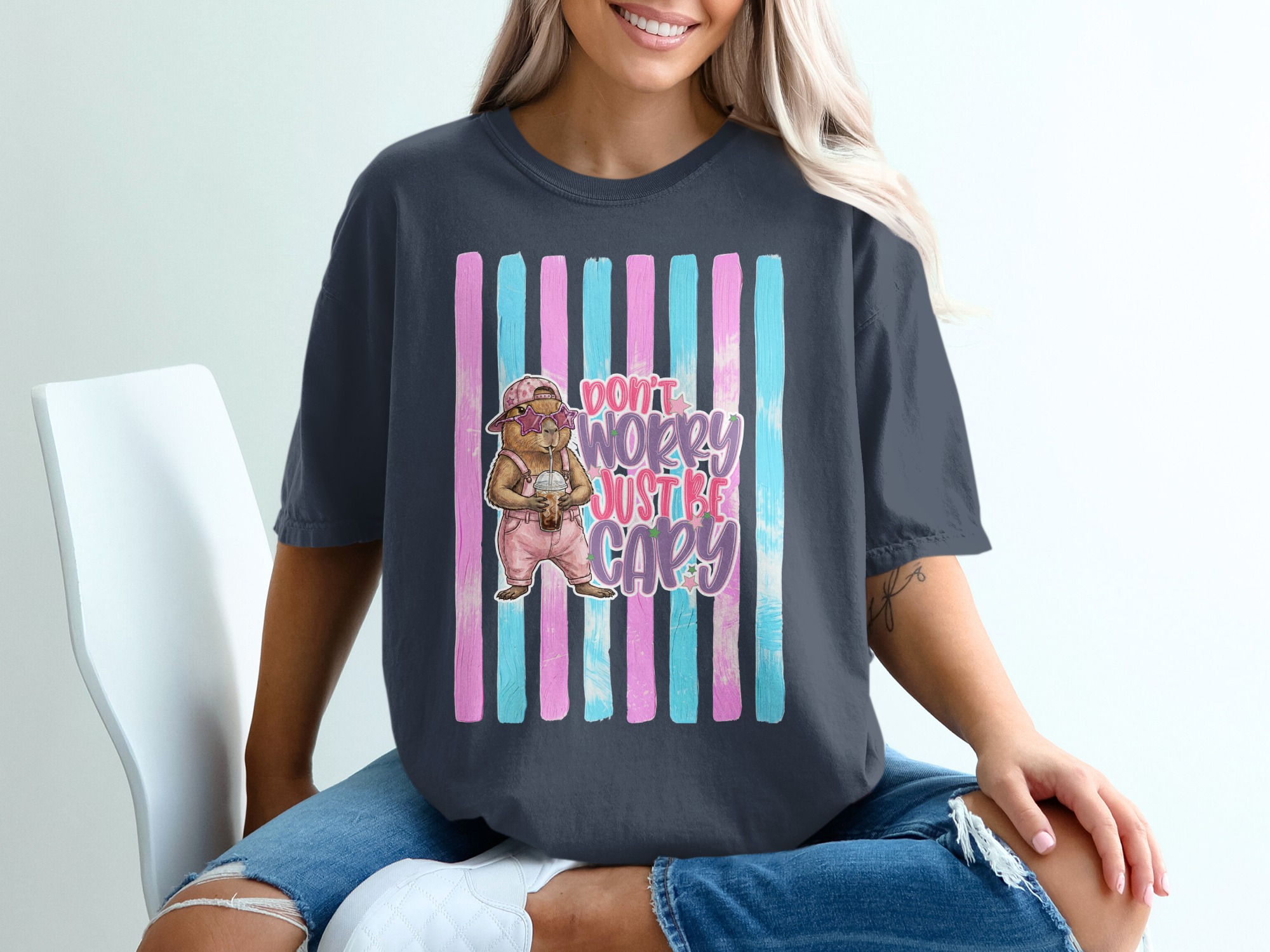 Comfort Colors ® Capybara T-Shirt, 'Don't Worry Just Be Capy' Cute Animal Lover Tee, Iced Coffee Capybara Shirt, Whimsical Pastel Gift Idea - Image 12