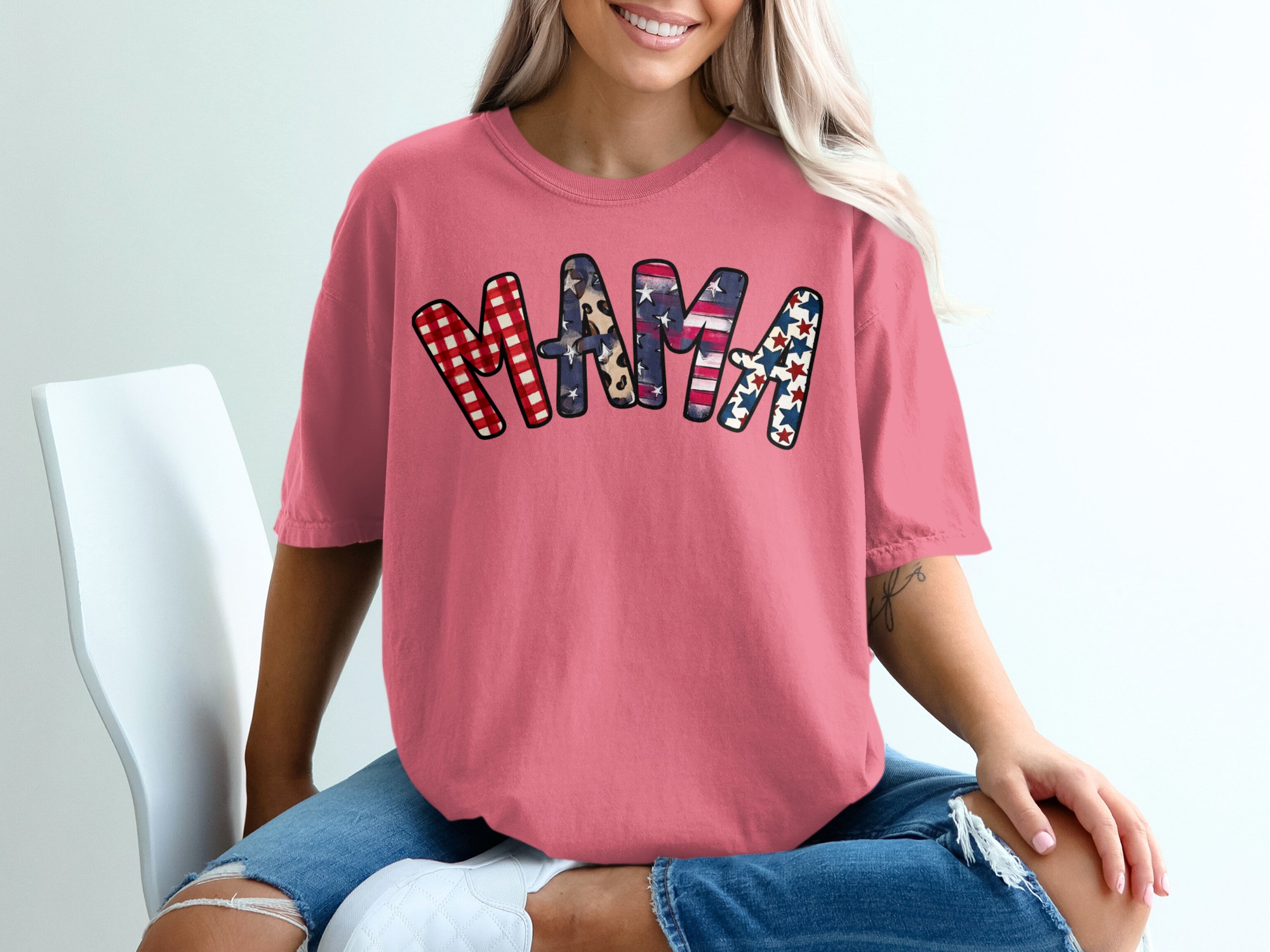 Patriotic Mama T-Shirt, Distressed American Flag Gingham Leopard Stars Graphic Tee, Mama Bear Gift, Fourth of July Outfit - Image 16