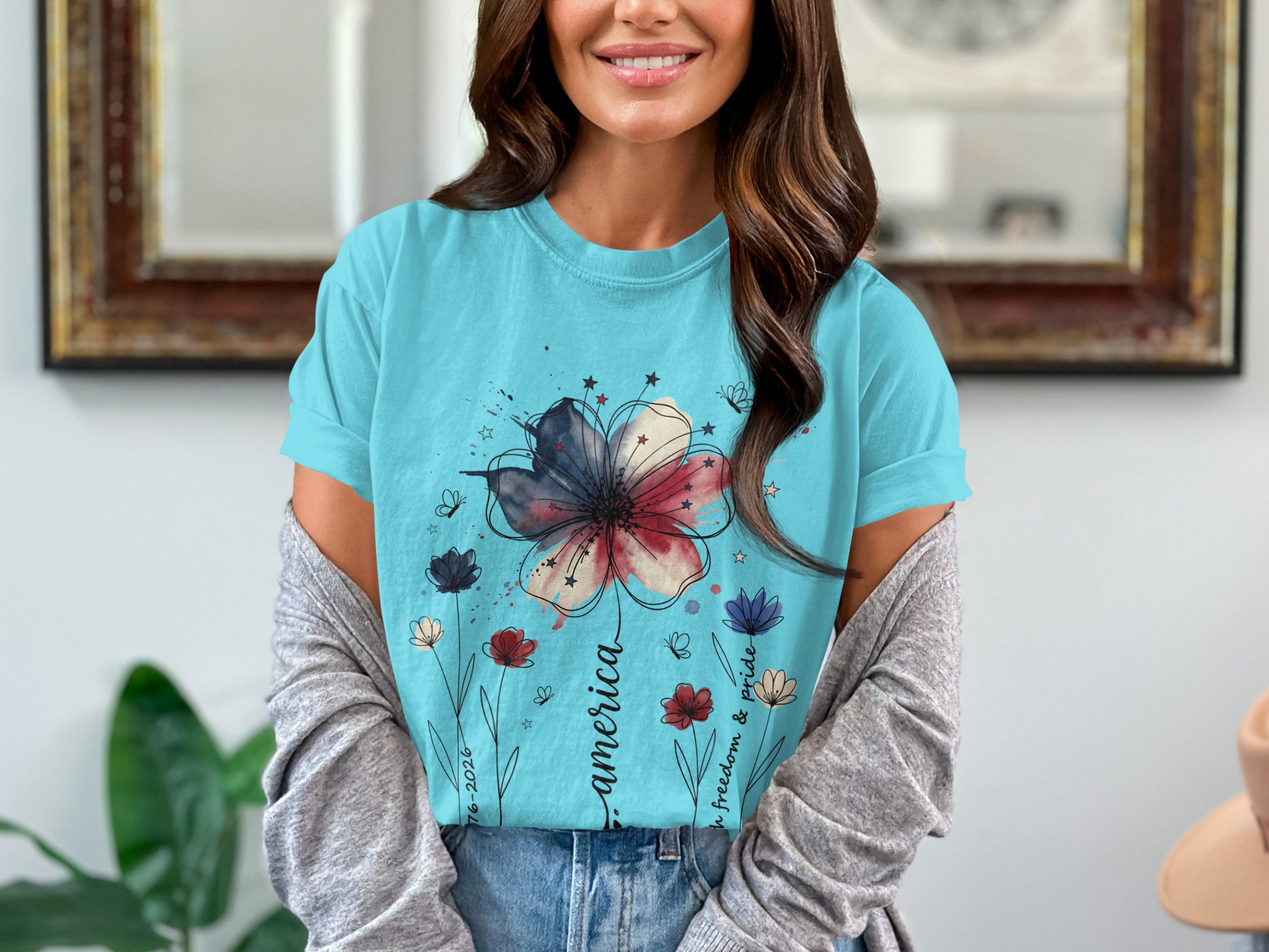 Patriotic Floral America Watercolor T-Shirt | Faith Freedom Pride Shirt | 4th of July Independence Day Tee | American Flag Flower - Image 7