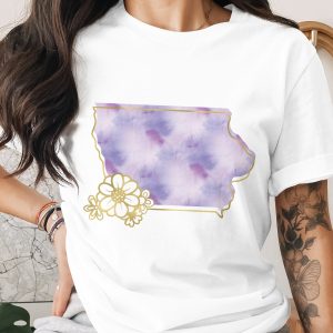 Iowa Watercolor Floral T-Shirt, Faux Gold Outline State Tee, Aesthetic Gift for Her, Midwest Pride Apparel