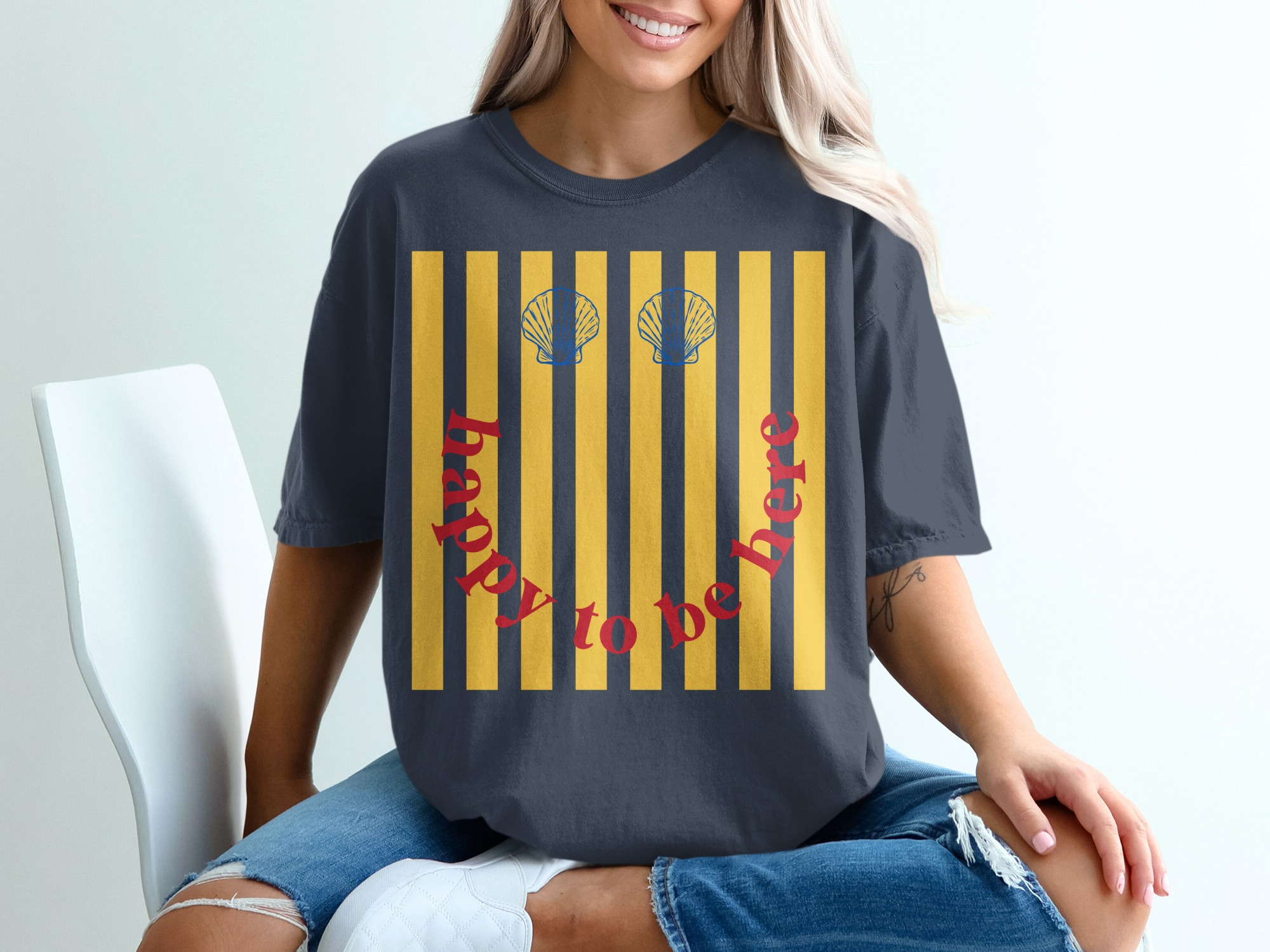 Happy To Be Here T-Shirt, Retro Smiley Face Beach Tee, Seashell Stripe Summer Vacation Shirt, Positive Vibes Graphic Top - Image 12