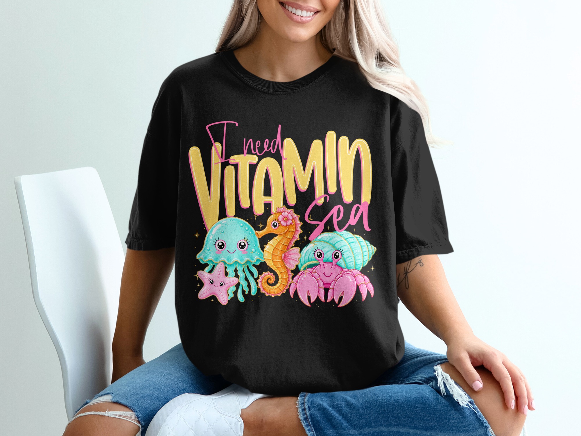 Vitamin Sea T-Shirt, Cute Ocean Lover Tee, Kawaii Beach Vacation Shirt, Faux Glitter Sea Creature Top, Summer Vibes Gift for Her - Image 8